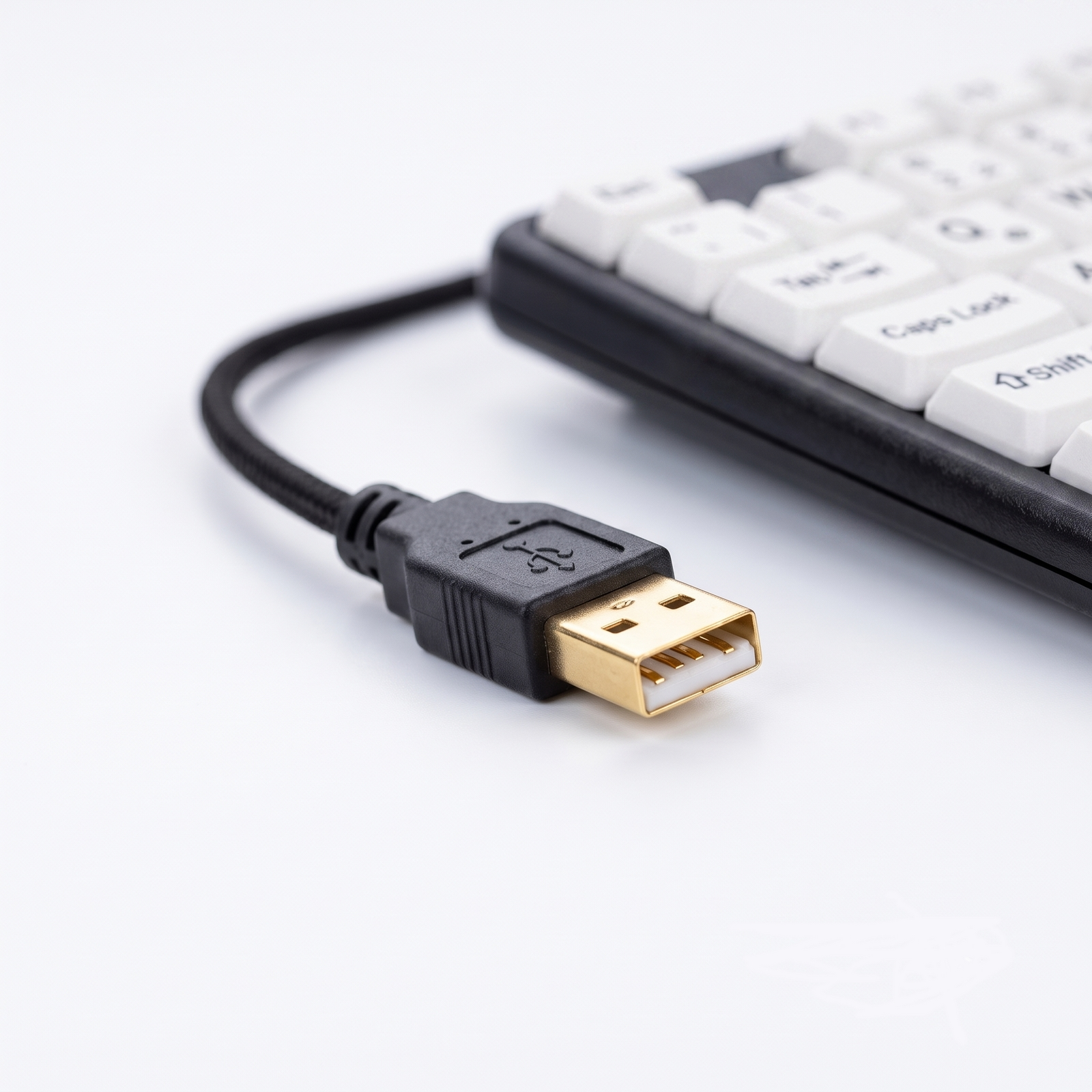 Ein schwarzes USB-Kabel mit vergoldetem Stecker liegt neben einer weißen Tastatur auf weißer Fläche.
