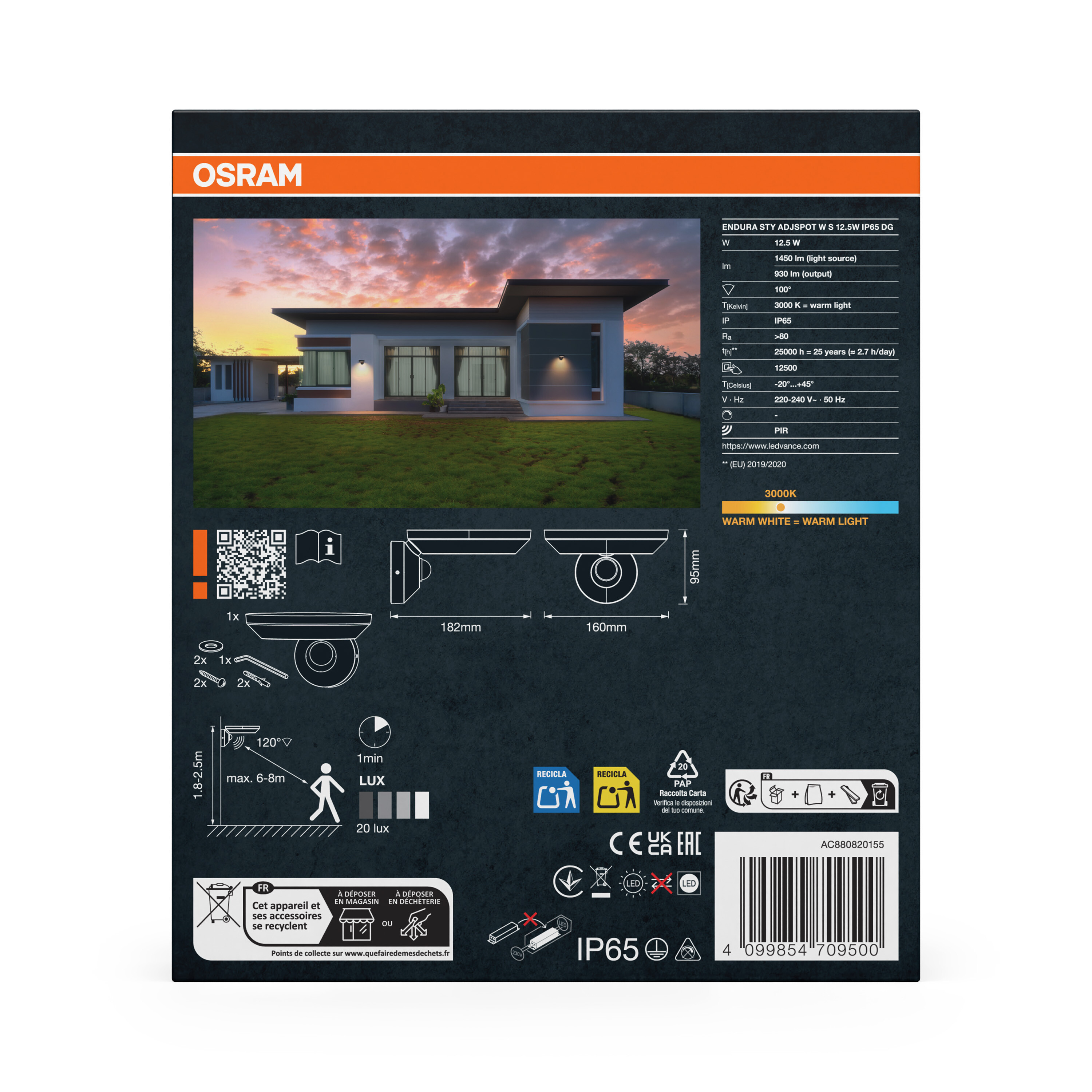 Verpackung des Osram LED-Strahlers mit Produktdaten, Maßen und Abbildung eines modernen Hauses bei Sonnenuntergang.