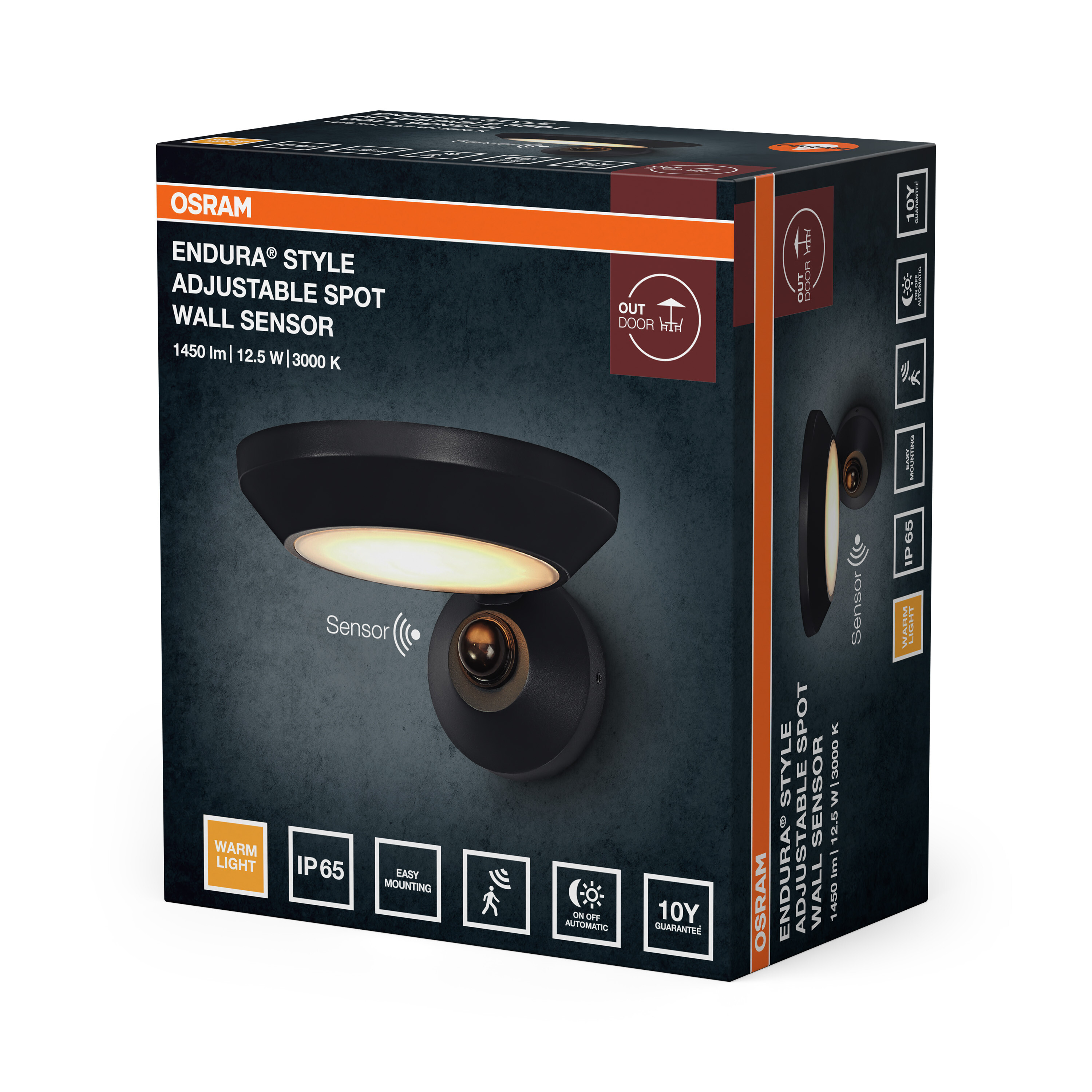 Verpackungskarton für Osram Endura Style LED-Wandleuchte mit Sensor, technischen Daten und Produktbild.