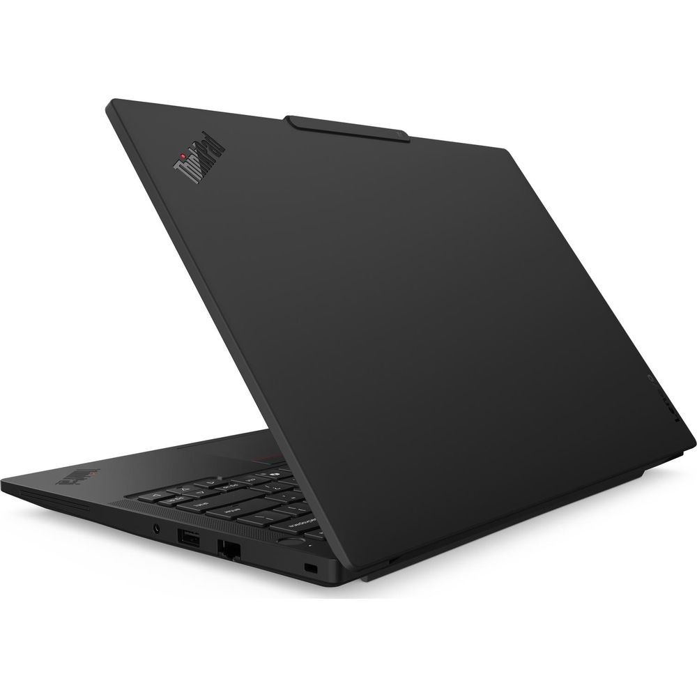 Un ordinateur portable Lenovo ThinkPad noir sur une surface blanche, clavier partiellement visible.