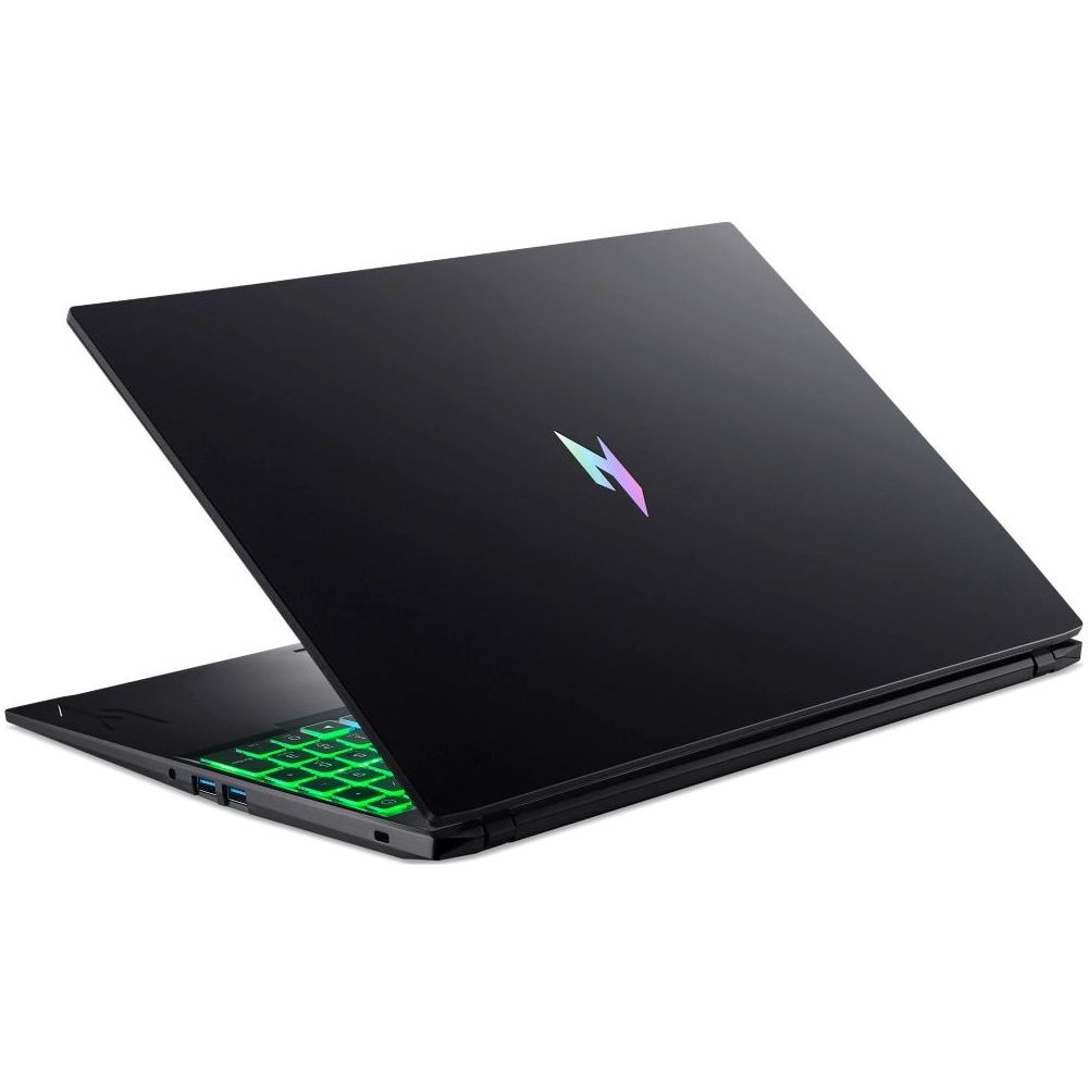 Ein schwarzer Gaming-Laptop mit bunter Logo-Beleuchtung und grüner Tastaturbeleuchtung.