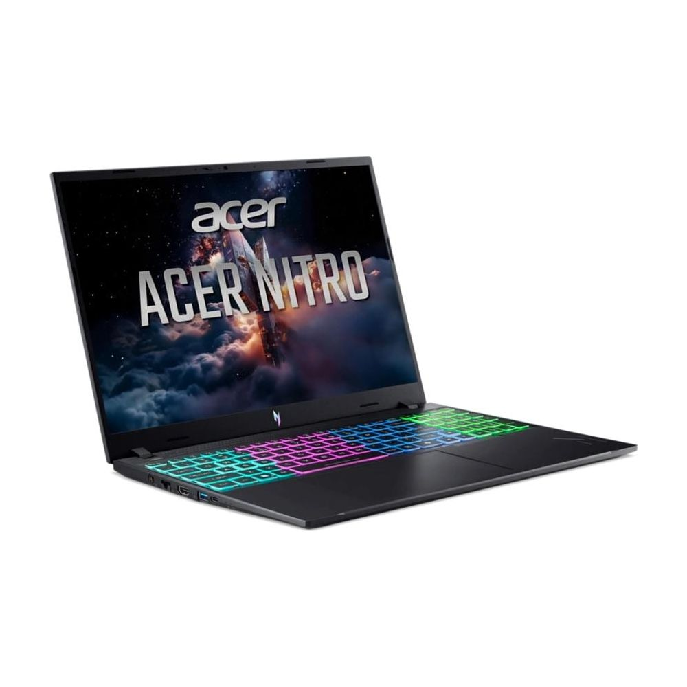 Ein schwarzer Acer Nitro Gaming-Laptop mit bunter RGB-Hintergrundbeleuchtung auf der Tastatur und einem Space-Hintergrundbild.