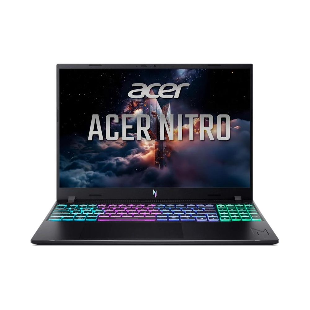 Ein Acer Nitro Laptop mit schwarzem Gehäuse, beleuchteter Tastatur und dem Acer Nitro-Logo auf dem Bildschirm.