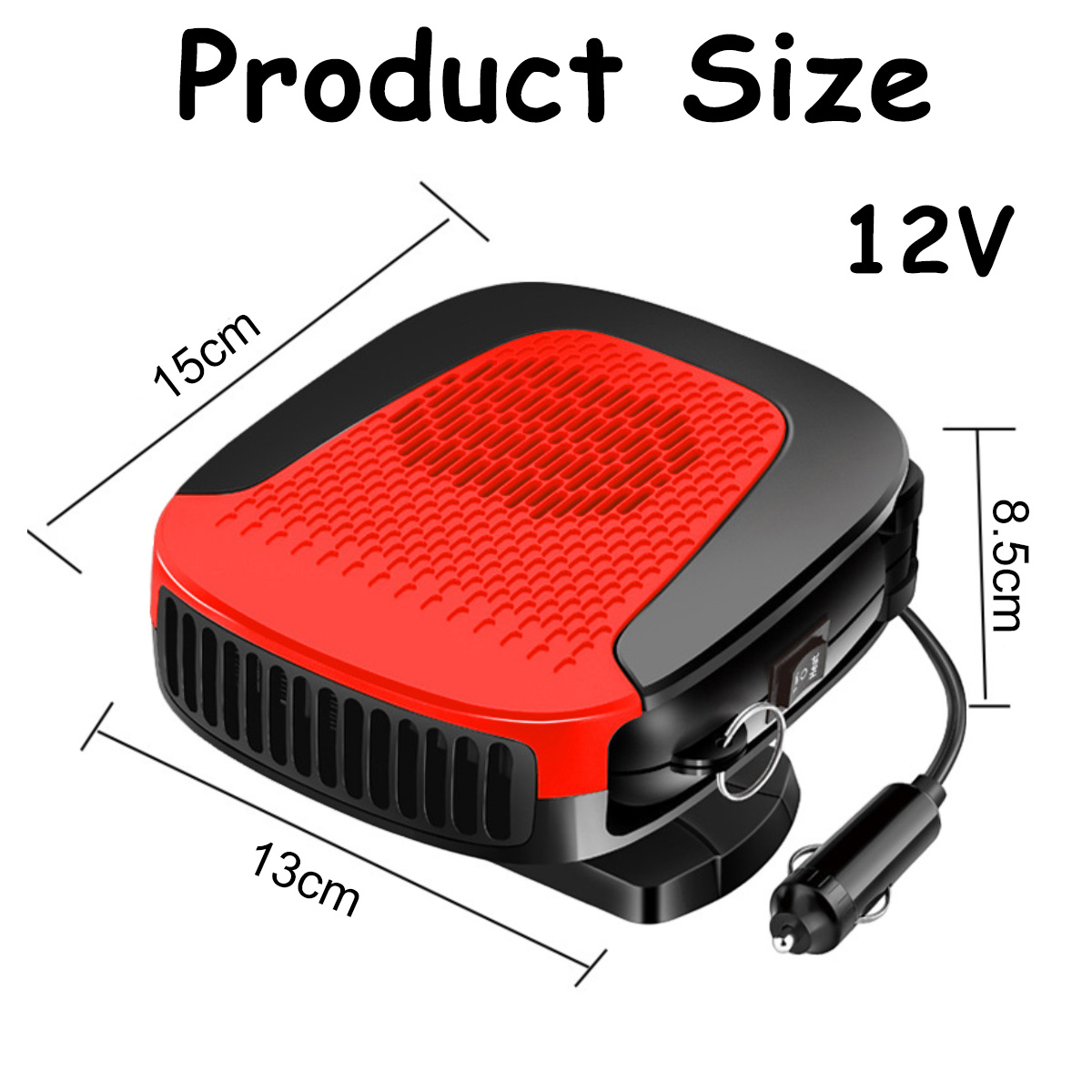 Ein schwarz-roter 12V-Autuheizer mit den Maßen 15x13x8,5 cm und einem Zigarettenanzünderstecker.