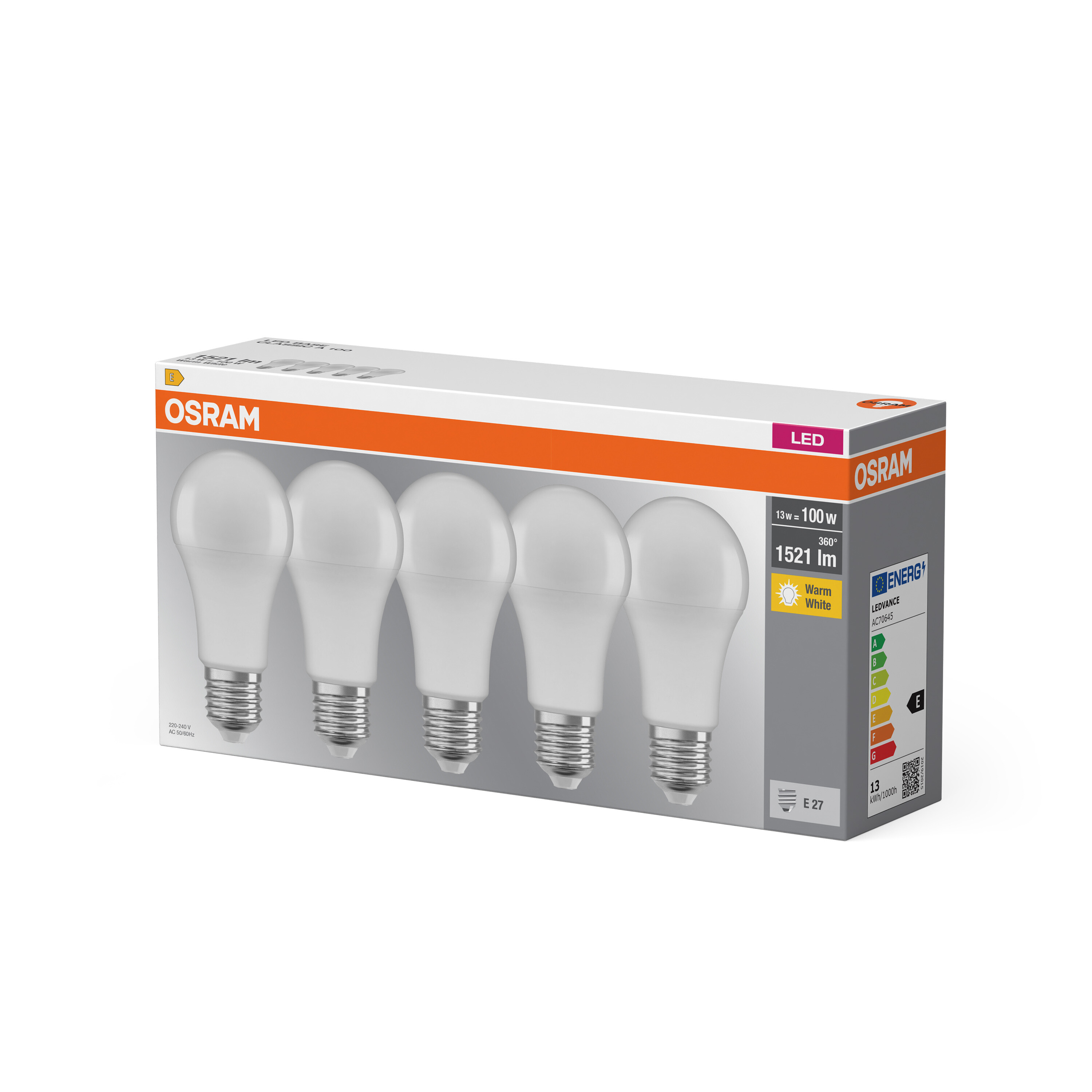 Eine Osram LED-Lampenverpackung mit fünf Glühbirnen, Energieeffizienzklasse E und warmweißem Licht.