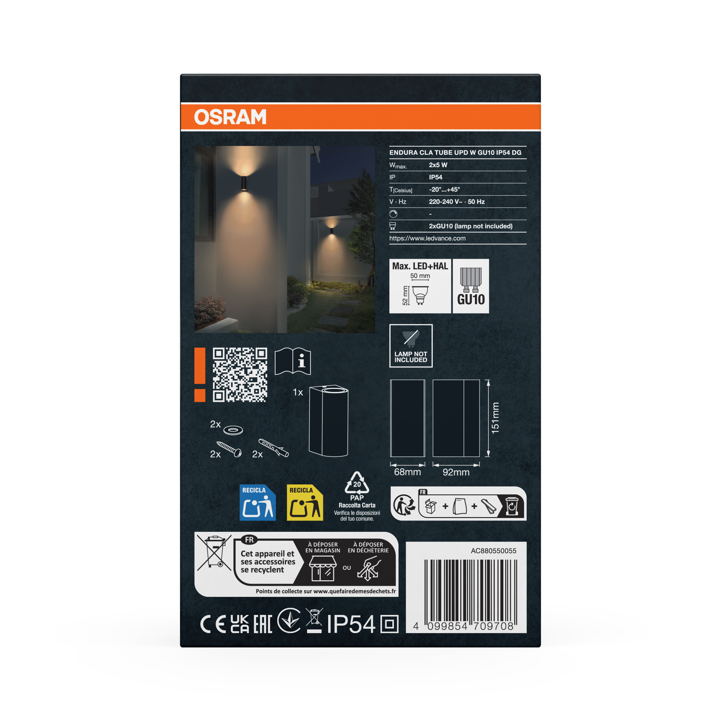 Osram Endura Außenleuchten-Verpackung mit technischen Daten, Abmessungen, QR-Code und Recycling-Symbolen.