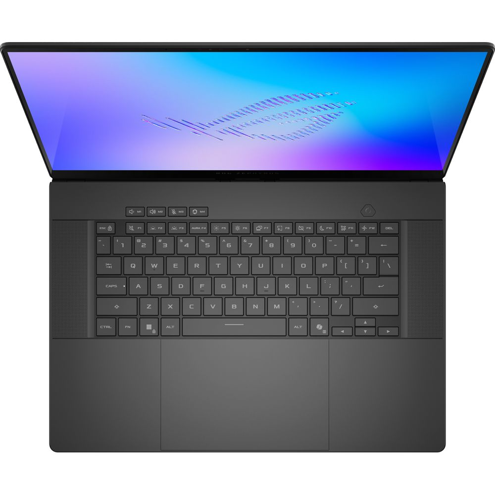 Vista dall'alto di un computer portatile nero aperto con sfondo blu-viola e tastiera QWERTY illuminata.