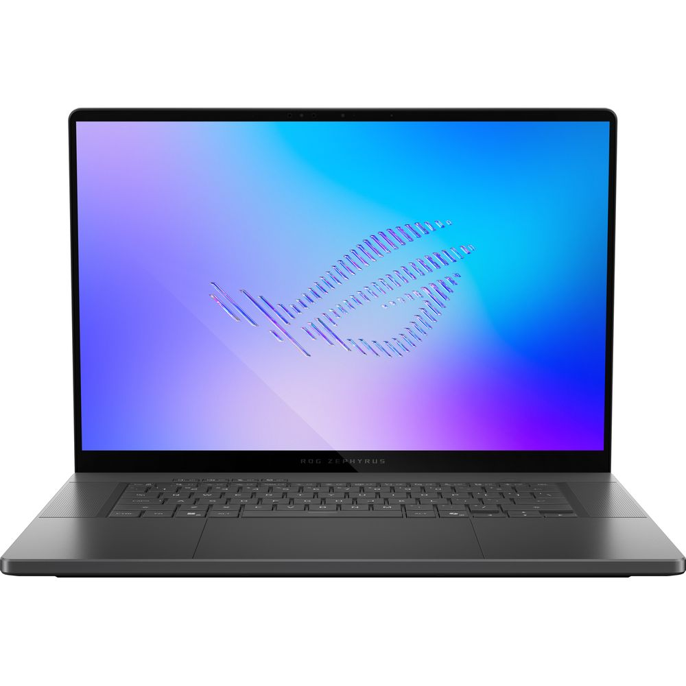 Un computer portatile nero con sfondo blu e viola luminoso e un logo stilizzato.