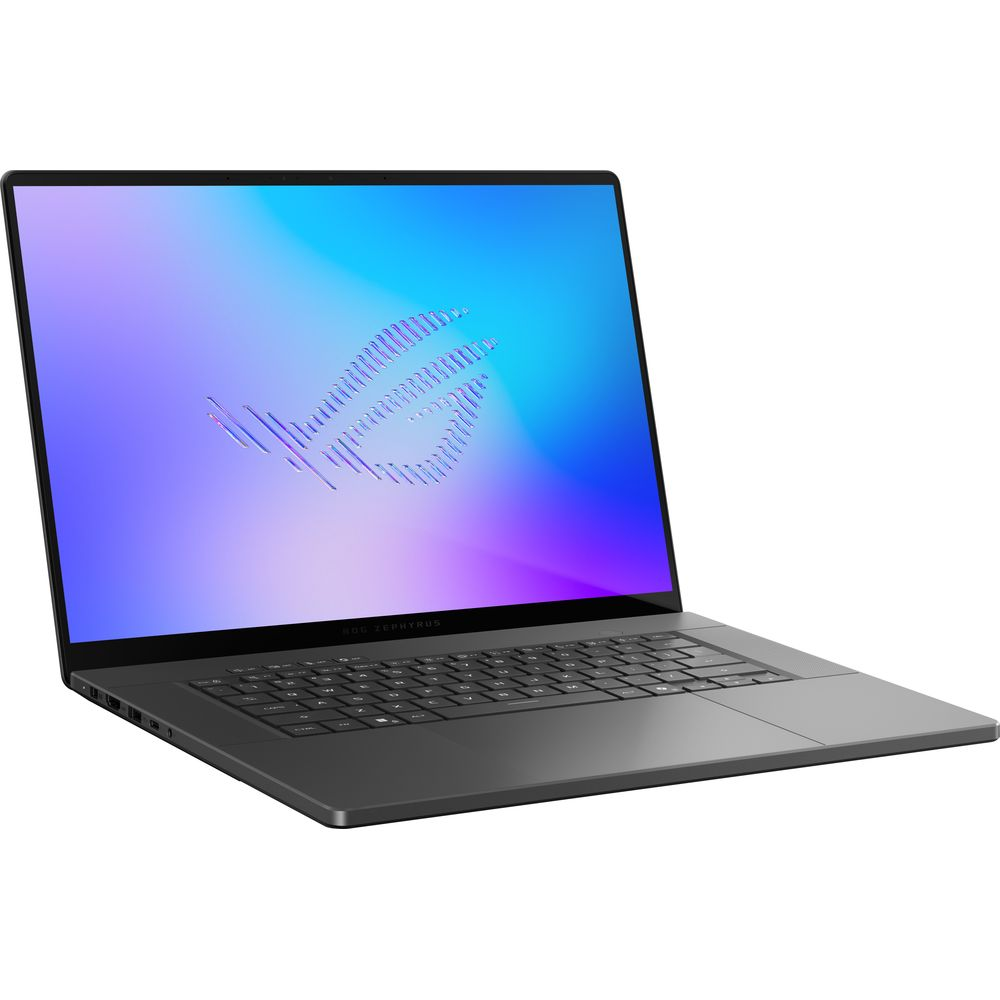 Un laptop grigio con schermo blu e viola e tastiera nera su sfondo bianco.