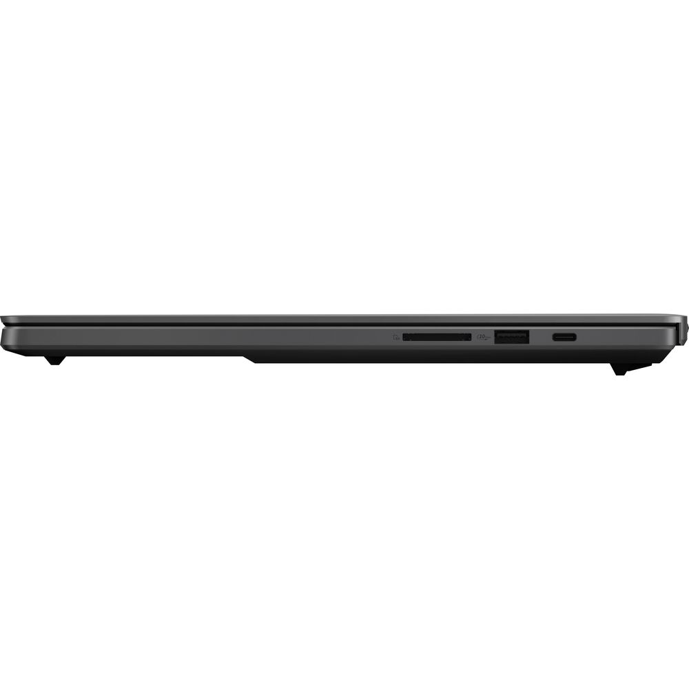 Profilo laterale di un laptop scuro chiuso che mostra porte e connettori.