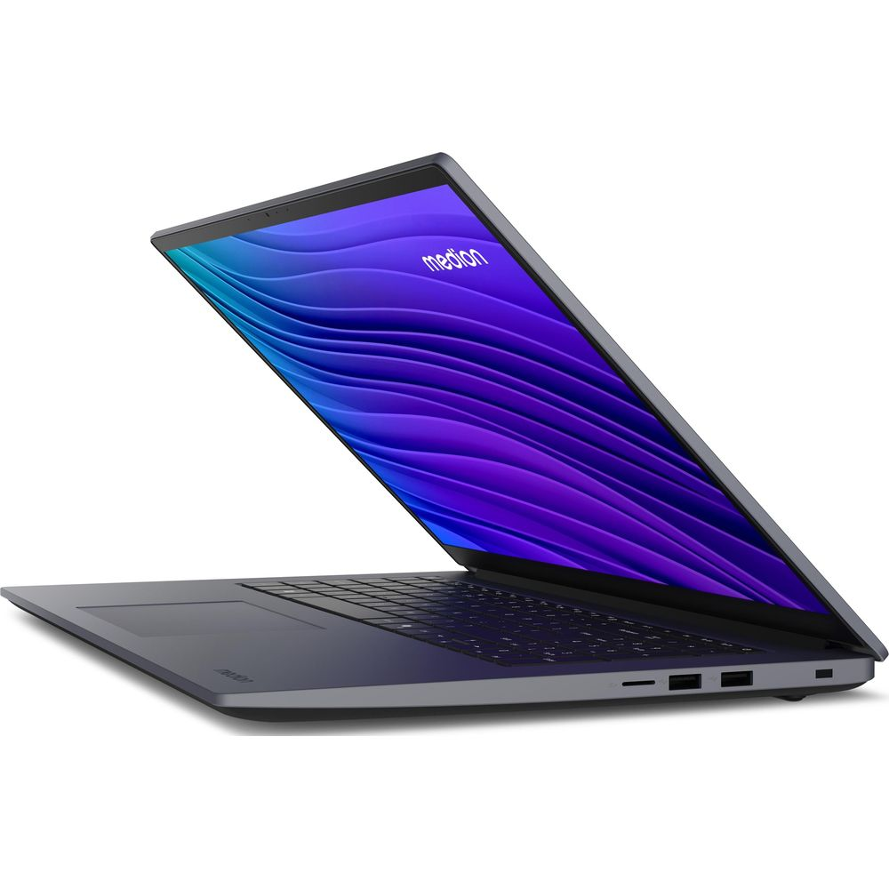 Un computer portatile Medion grigio aperto su sfondo bianco, con un motivo a onde blu e viola sullo schermo.