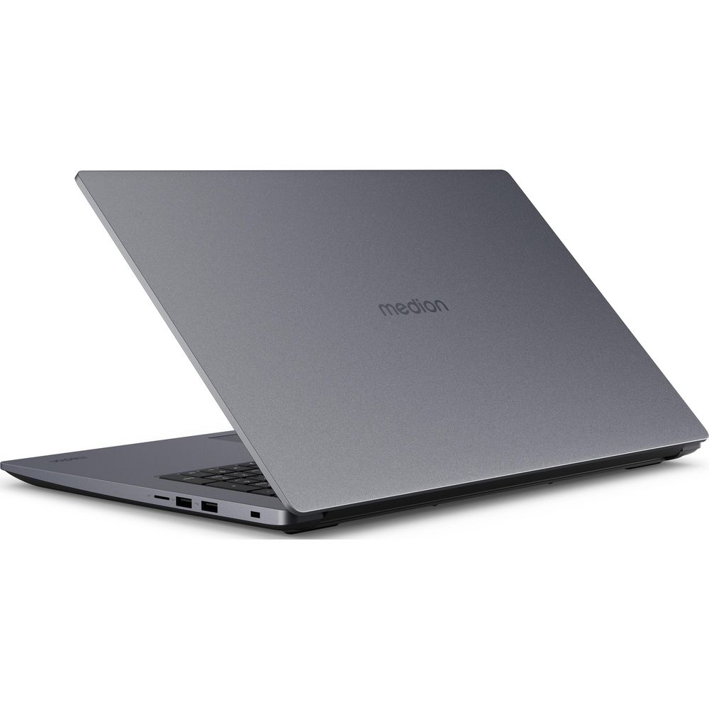 Un laptop grigio Medion su una superficie bianca, che mostra il coperchio posteriore e le porte laterali sinistre.