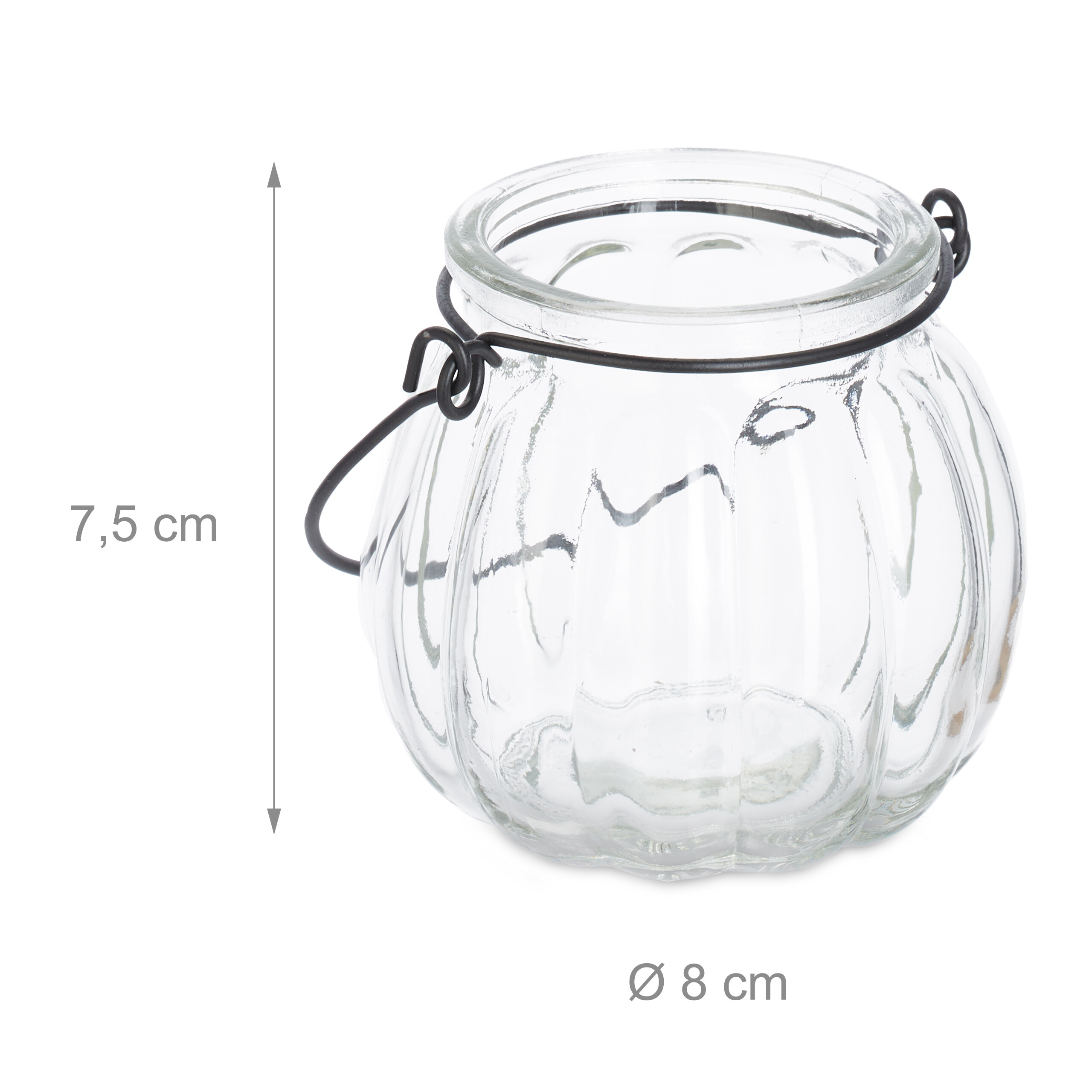 Durchsichtiges Windlicht aus Glas mit Metallhenkel und Höhen- und Breitenangaben auf weißem Hintergrund.