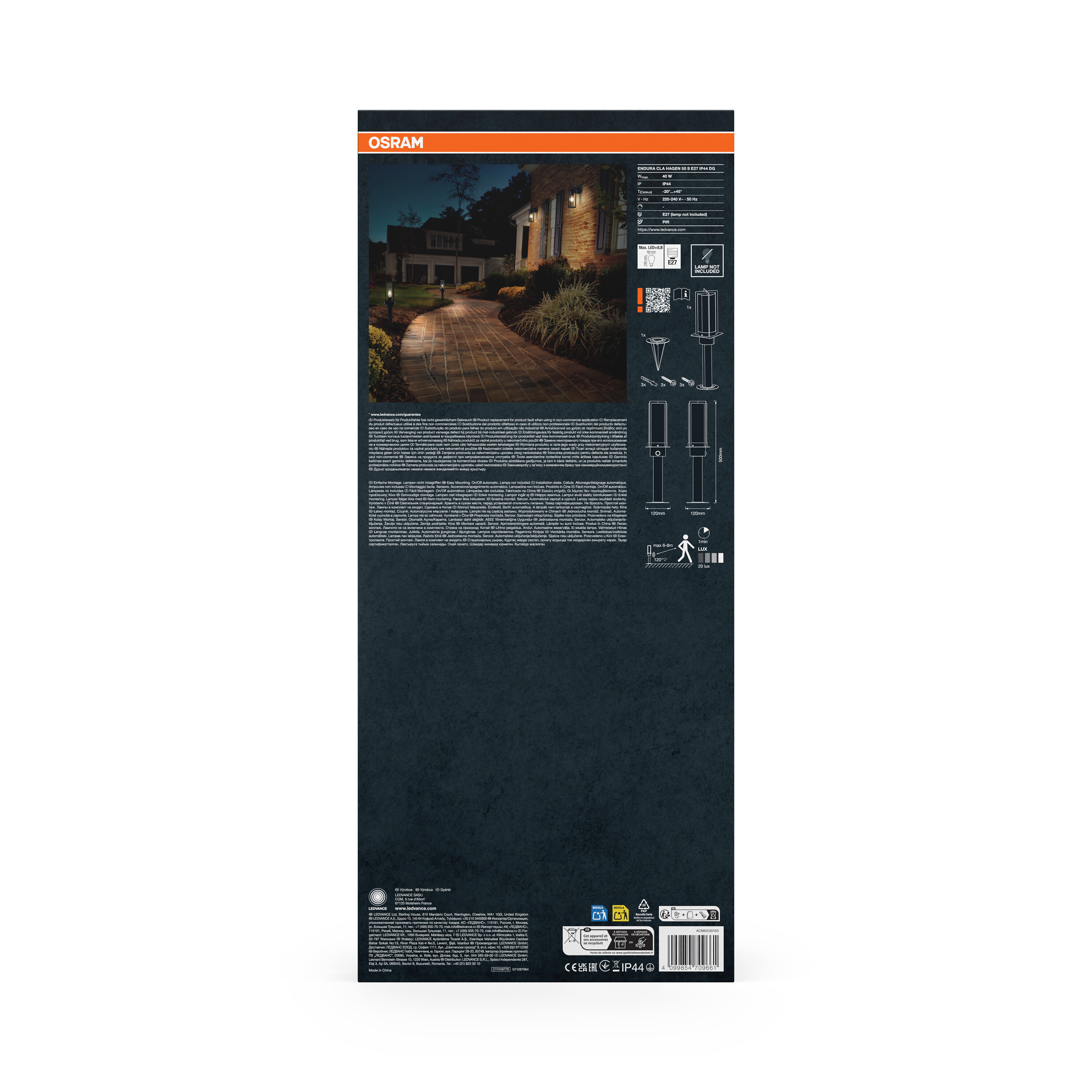 Verpackung der Osram Endura Cla Hagen Leuchte mit Produktdetails und technischen Daten auf dunklem Hintergrund.