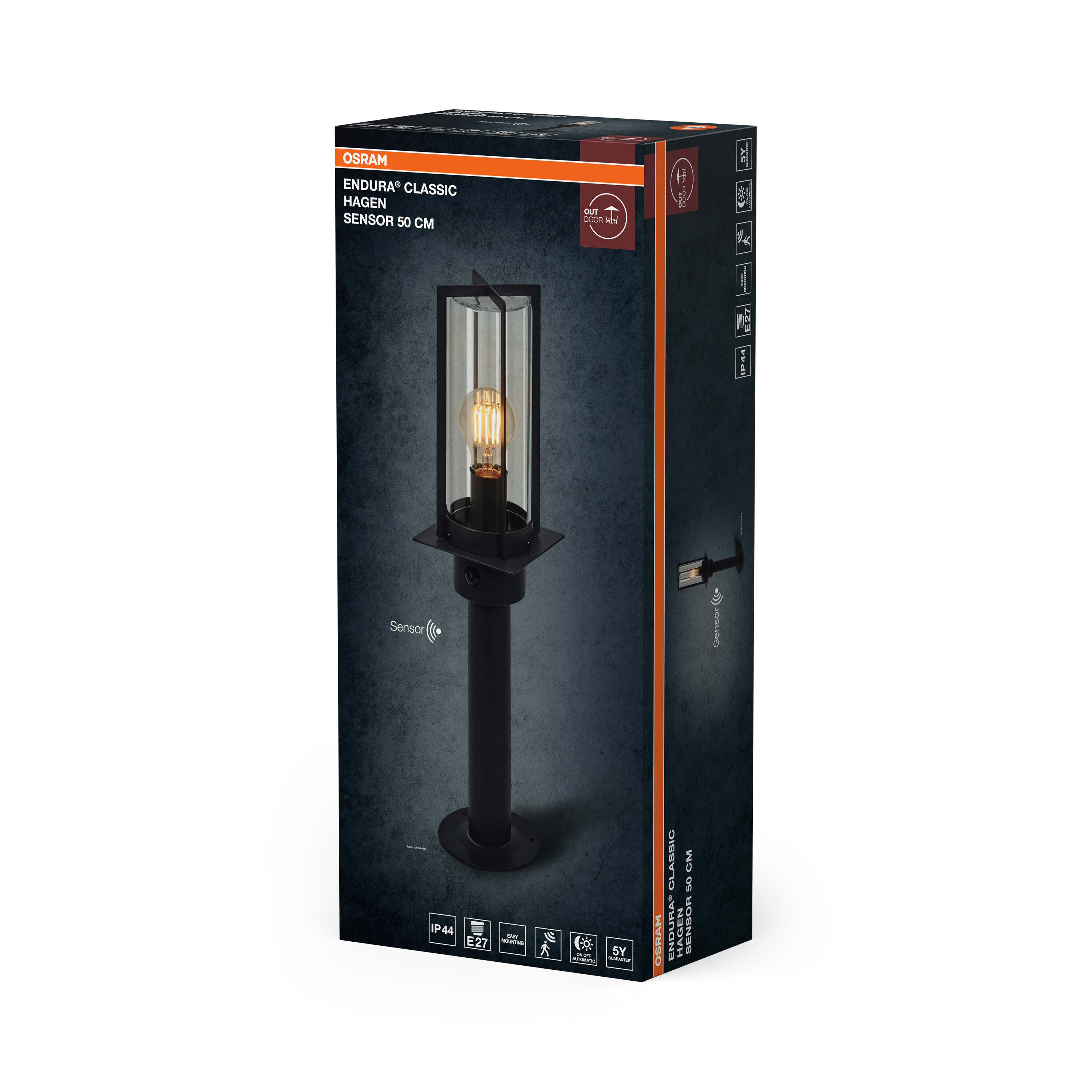 Verpackung der Osram Endura Classic Hagen Sensor 50 cm Außenleuchte in Schwarz.