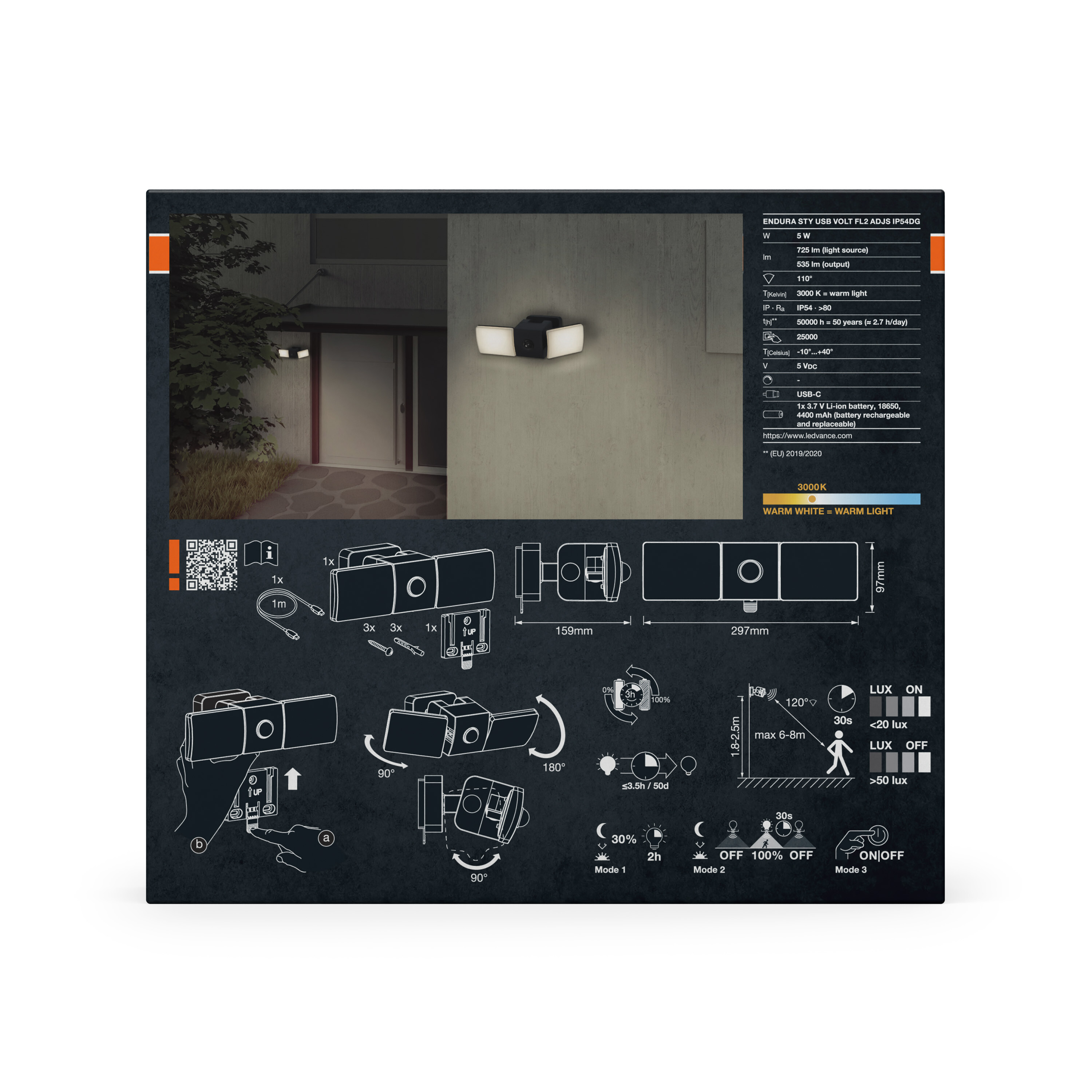 Produktverpackung für LED-Strahler mit technischen Daten, Abmessungen und Installationsdiagrammen.