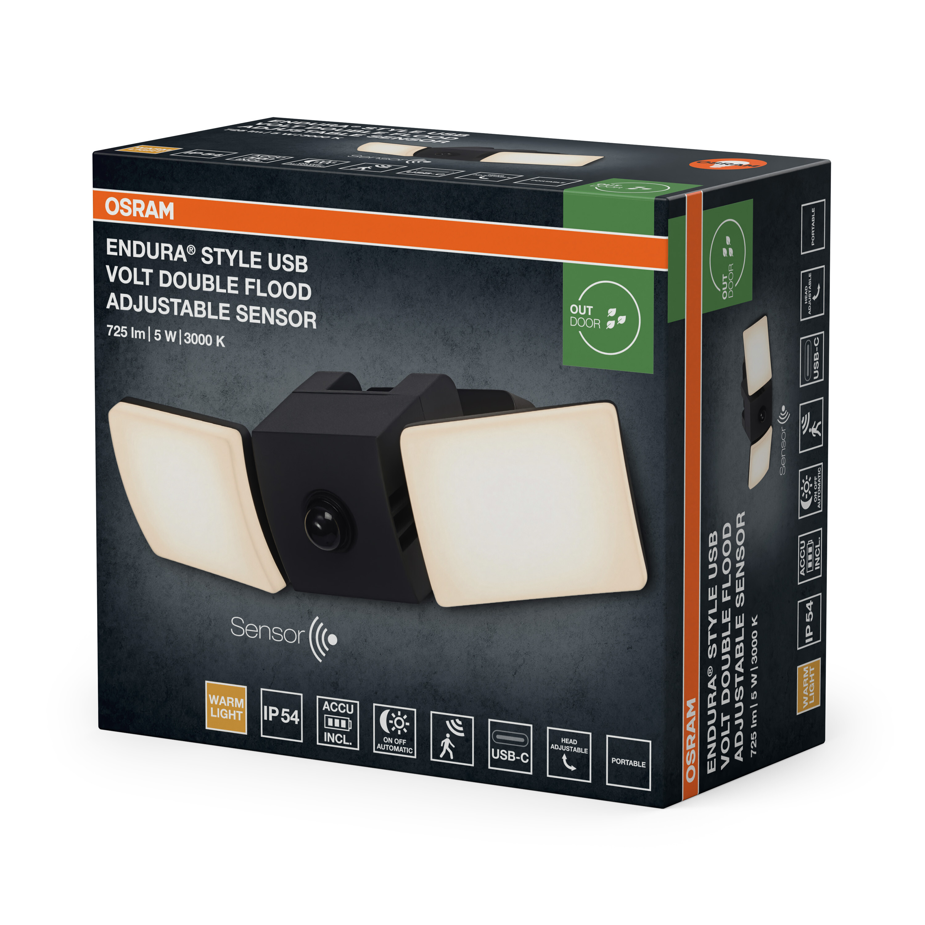 Verpackung der Osram Endura Style USB Volt Doppel-Flutlichtlampe mit Sensor und warmem Licht.