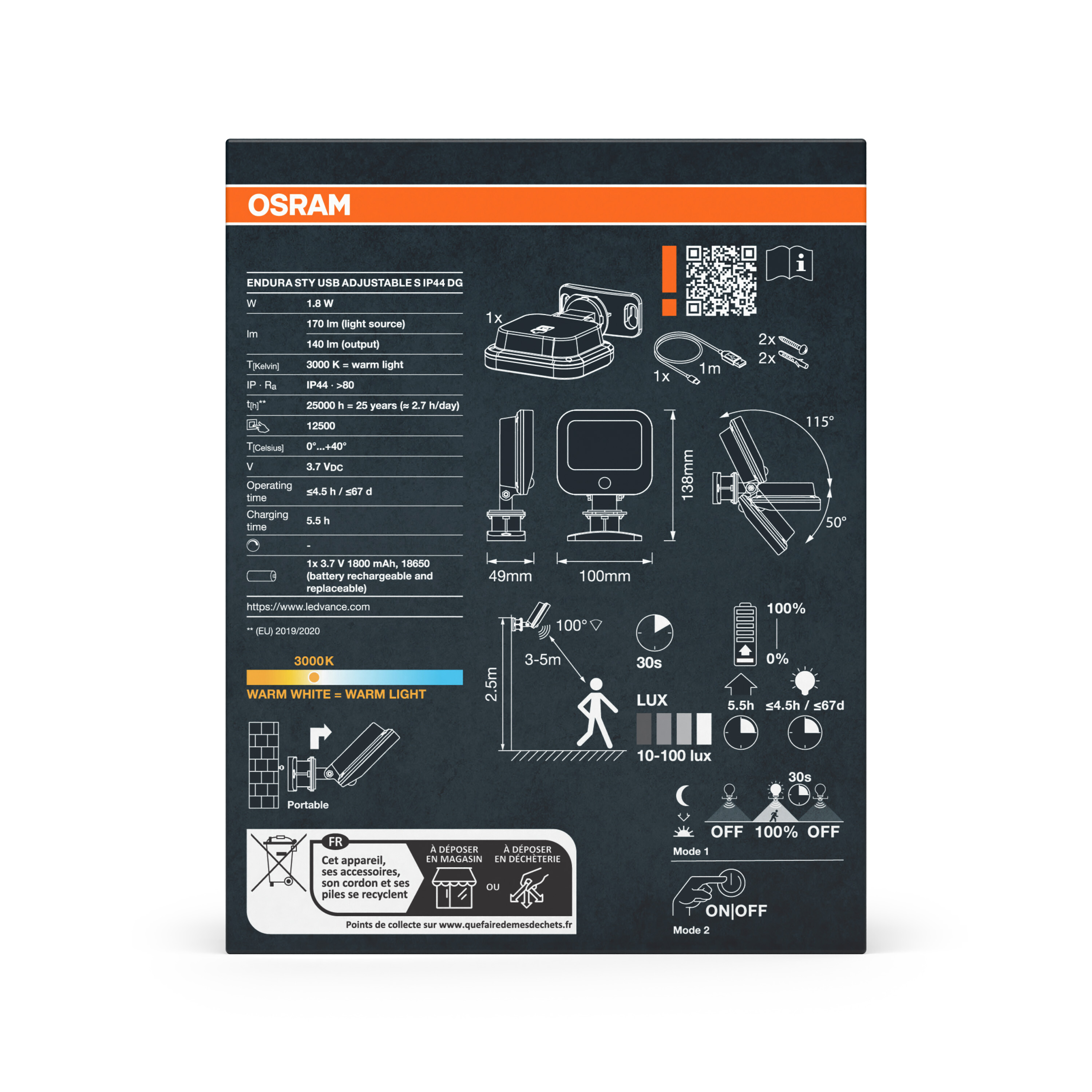 Osram LED-Leuchte Produktdatenblatt mit technischen Details, Maßen und Installationsgrafiken auf dunklem Grund.