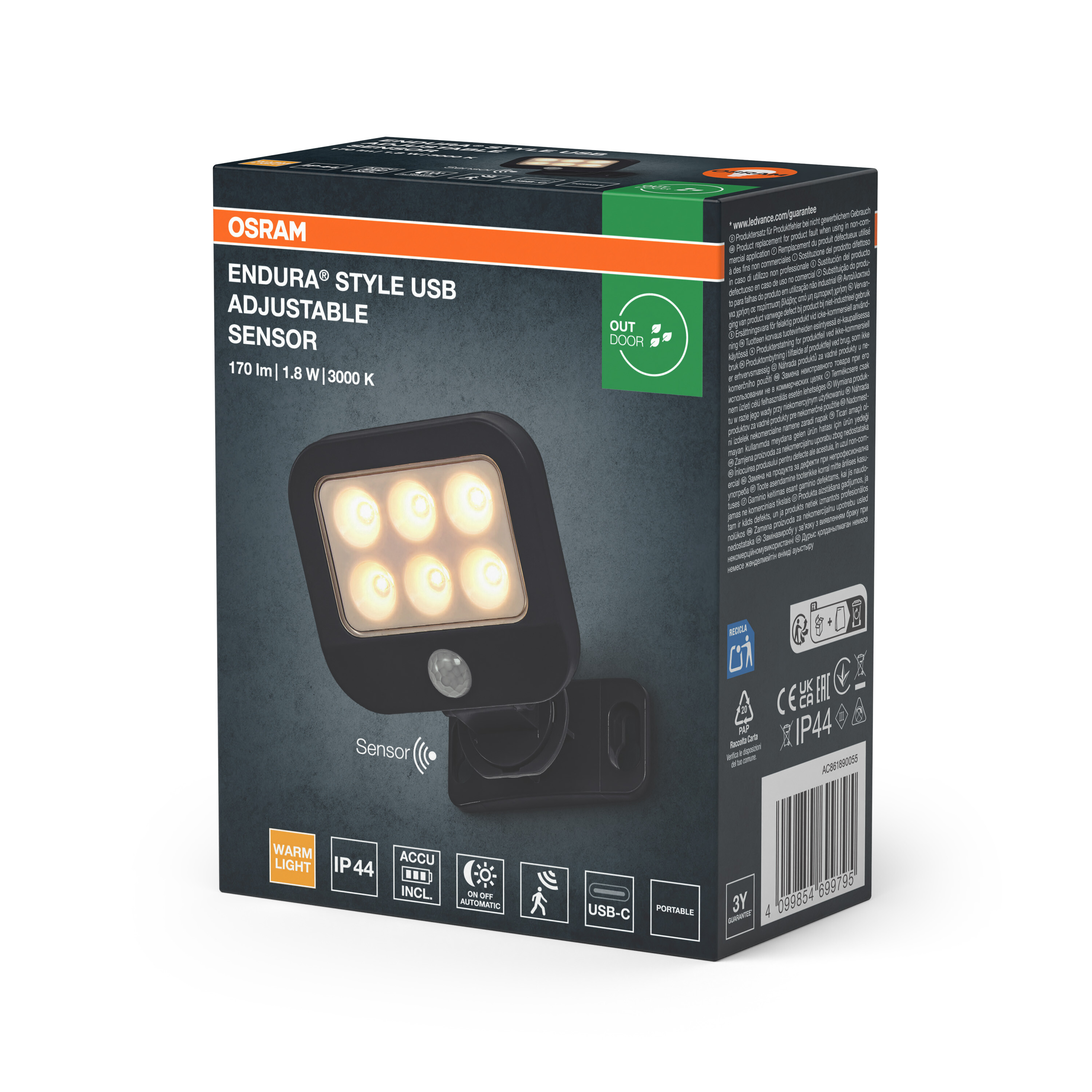 Verpackung der Osram Endura Style USB LED-Außenleuchte mit Sensor, warmweißem Licht und IP44-Schutz.