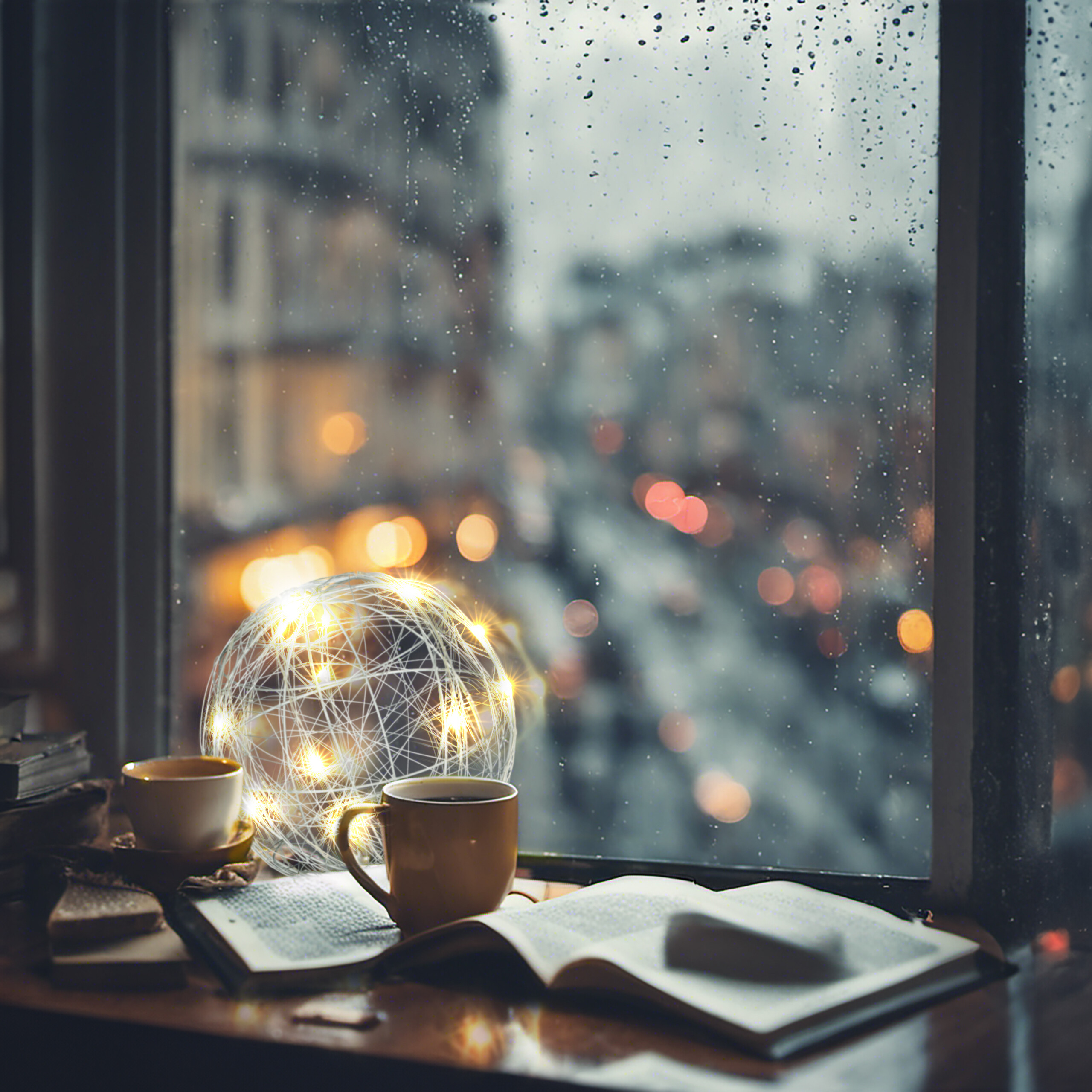 Ein offenes Buch, Kaffeetassen und eine leuchtende Drahtkugel auf einer Fensterbank vor verregneter Stadt.