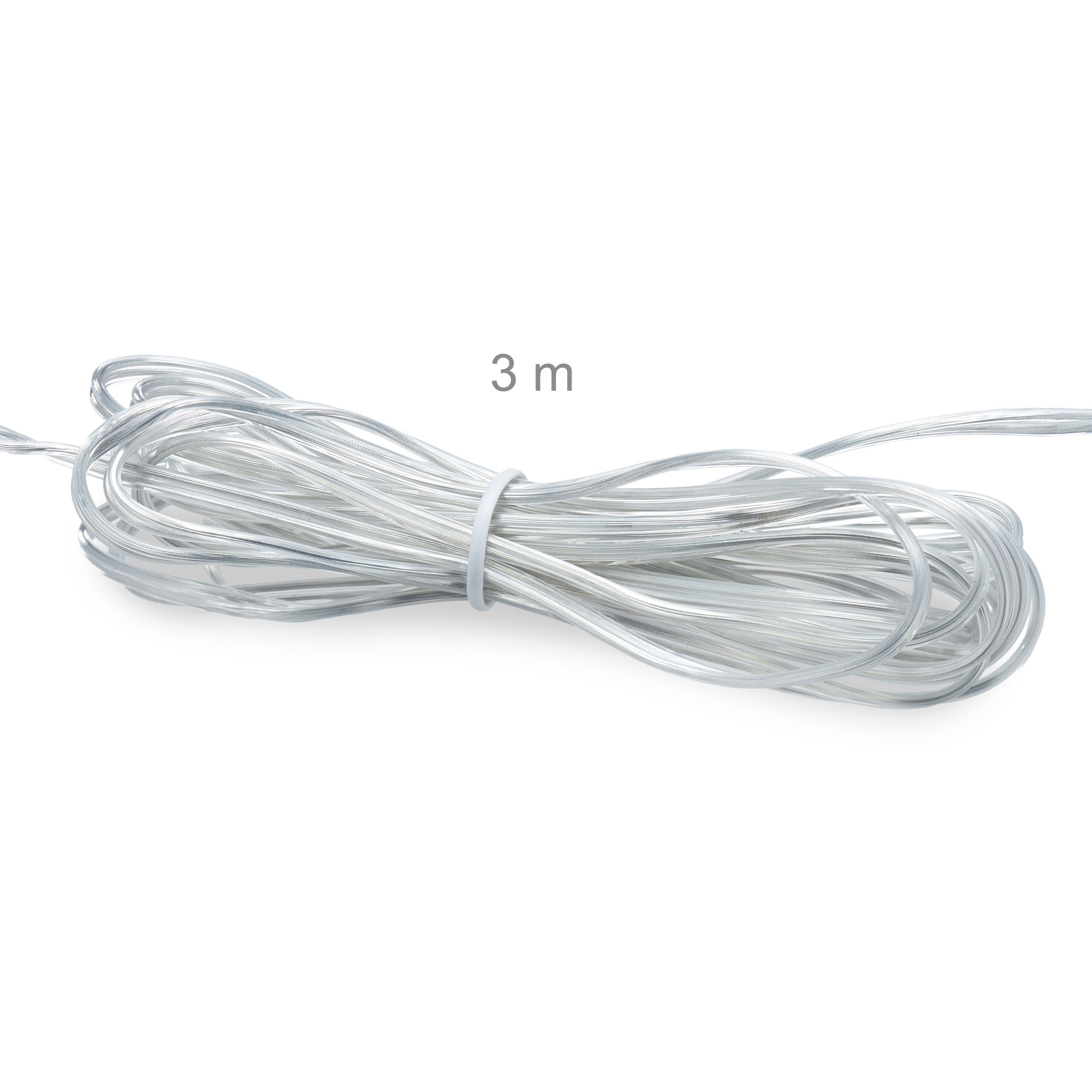 Ein zusammengerolltes 3 Meter langes transparentes Kabel auf weißem Hintergrund mit einem weißen Kabelbinder.