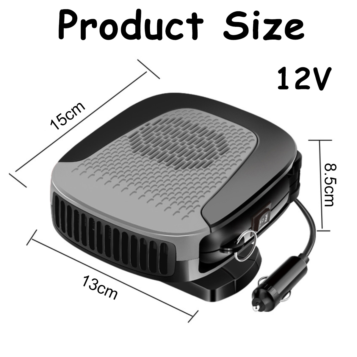 Schwarzer und grauer 12V Autoheizer mit den Maßen 15cm x 13cm x 8,5cm und Zigarettenanzünderstecker.