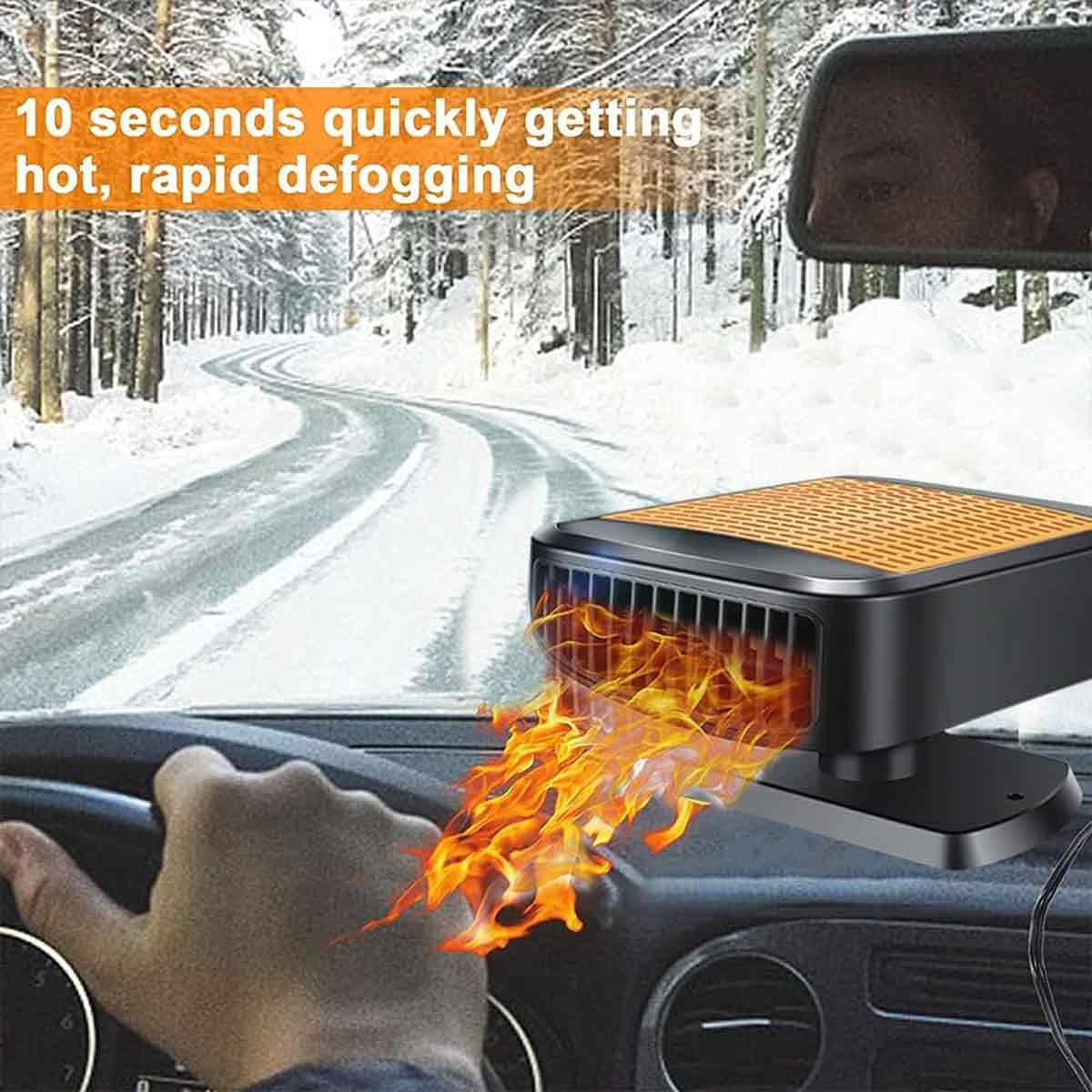 Ein Autoinnenraum mit einer tragbaren Heizung auf dem Armaturenbrett, die Flammen ausstößt.