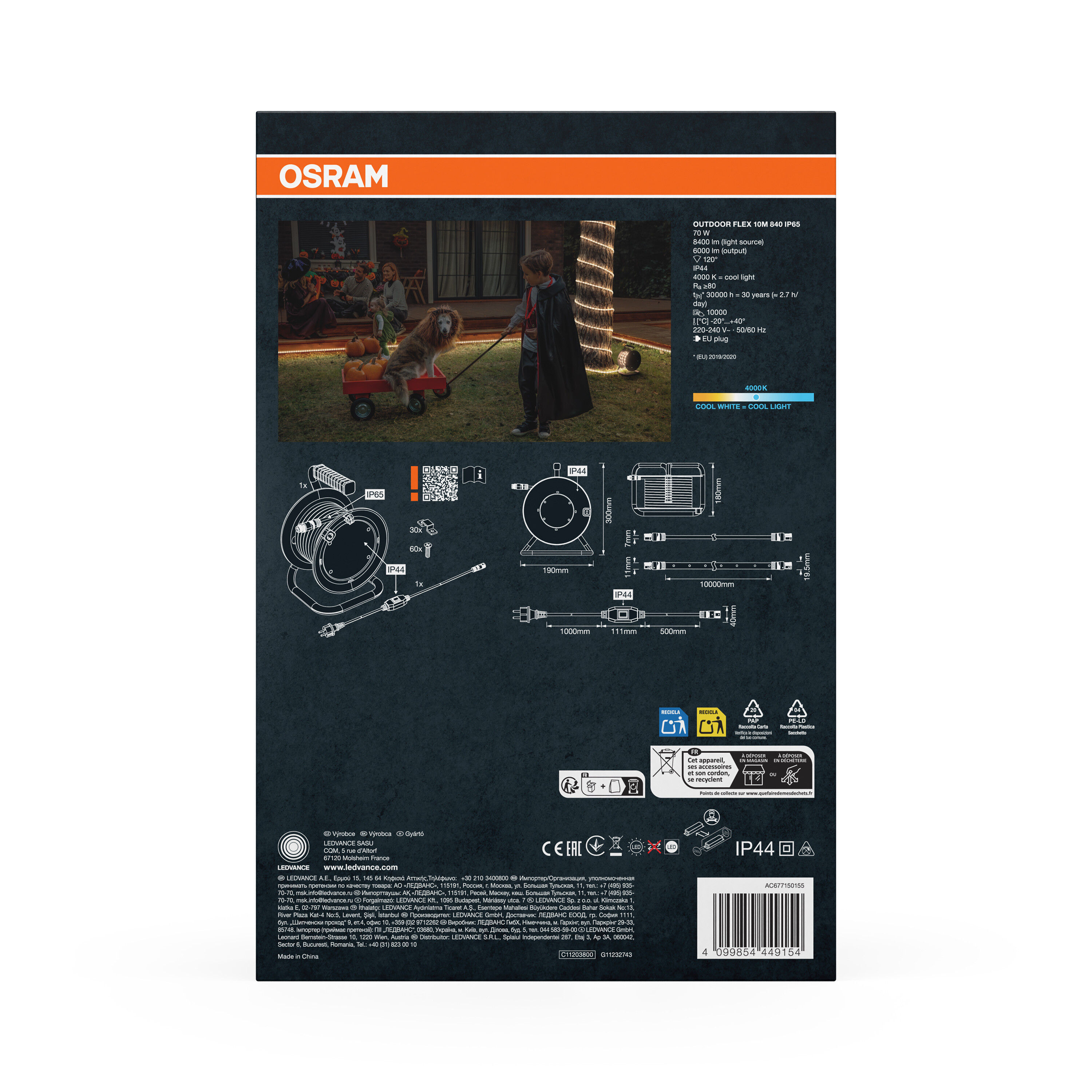 Osram LED-Streifen Verpackung mit technischen Daten, Diagrammen und einem Lifestyle-Foto mit Kindern.