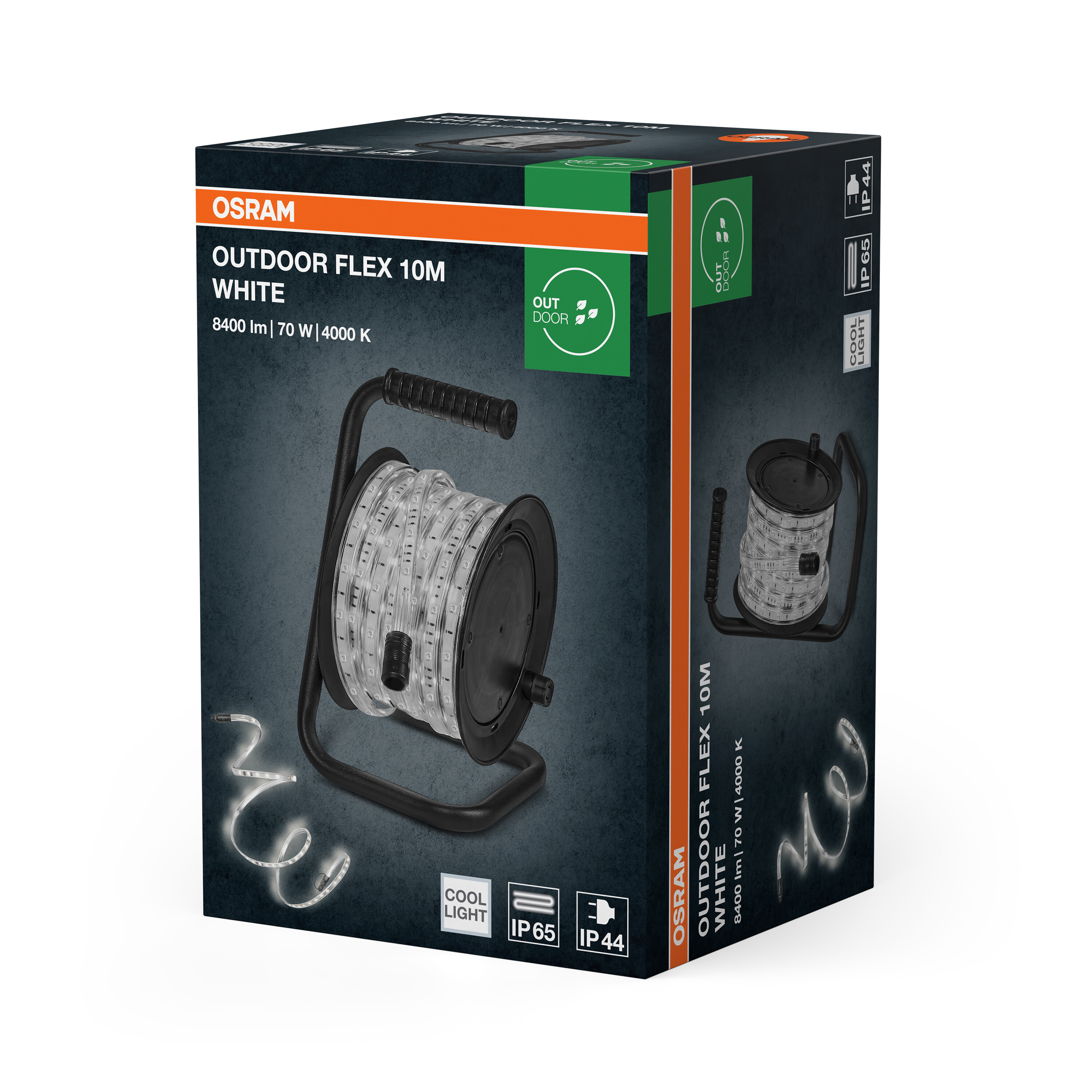 Verpackungskarton für Osram Outdoor Flex 10m weißer Lichtstreifen auf einer schwarzen Rolle.