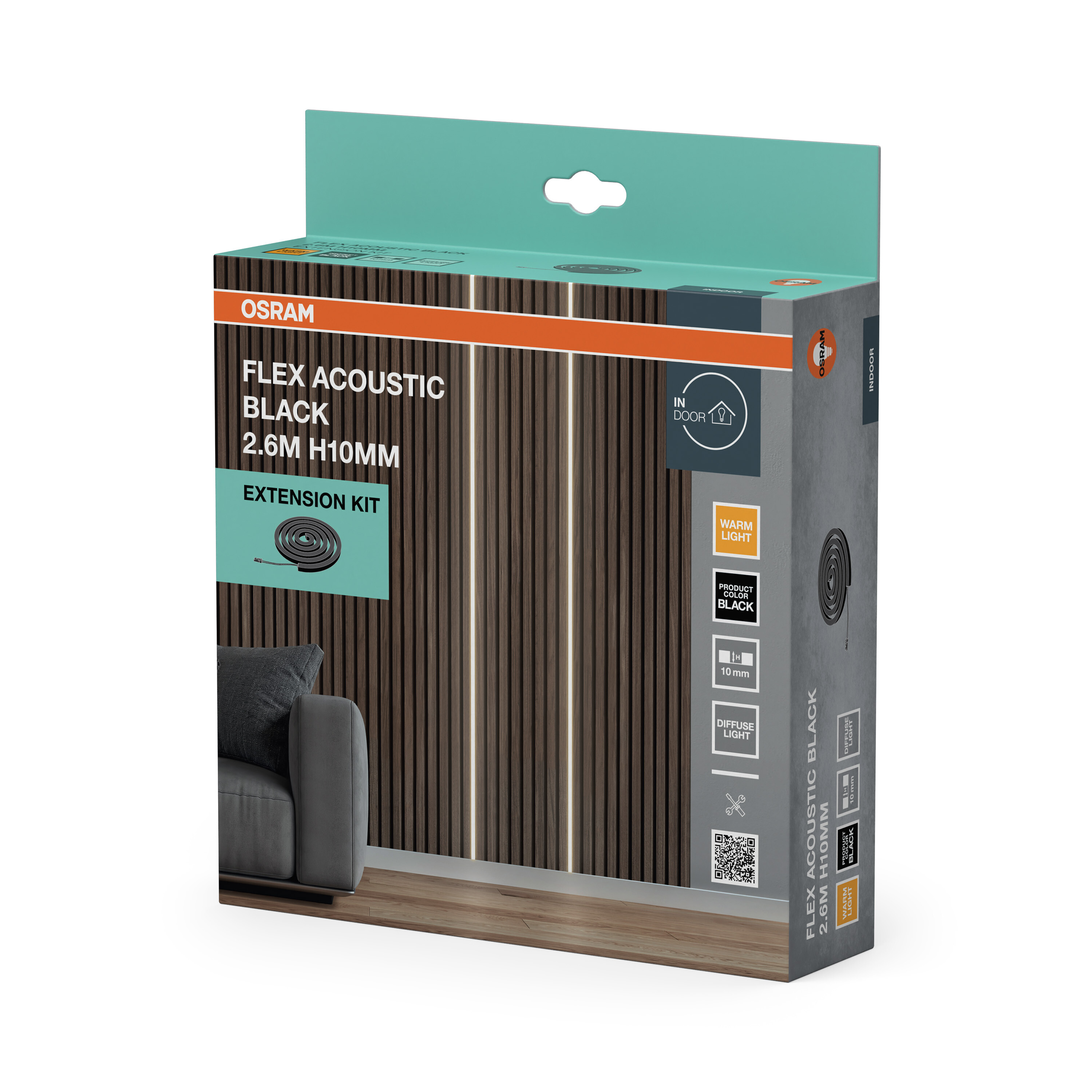 Verpackung für Osram Flex Acoustic Black LED-Streifen Extension Kit mit Holzwand-Design.