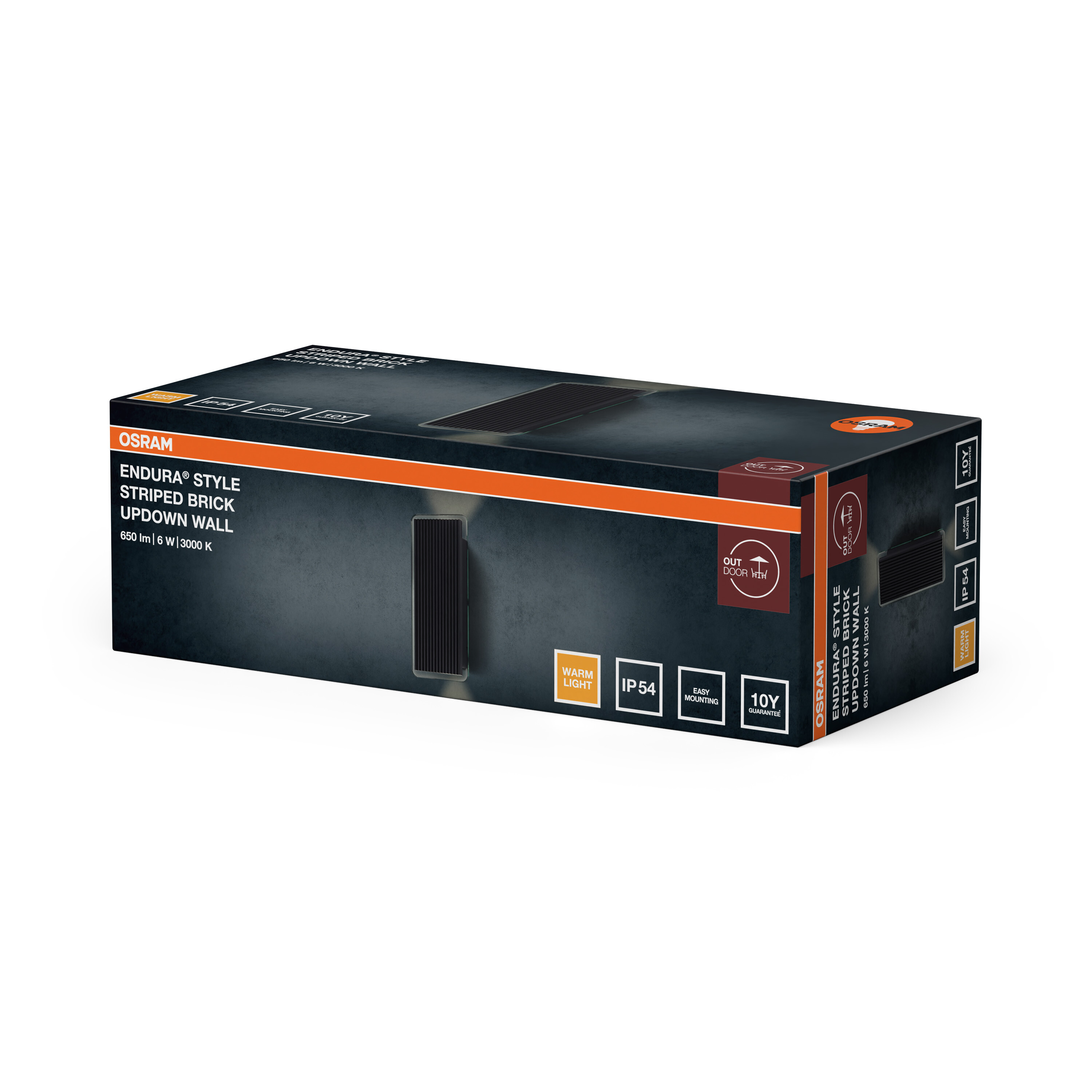 Osram Endura Style Striped Brick Updown Wall Produktkarton in dunkelgrau und orange mit Funktionsicons.