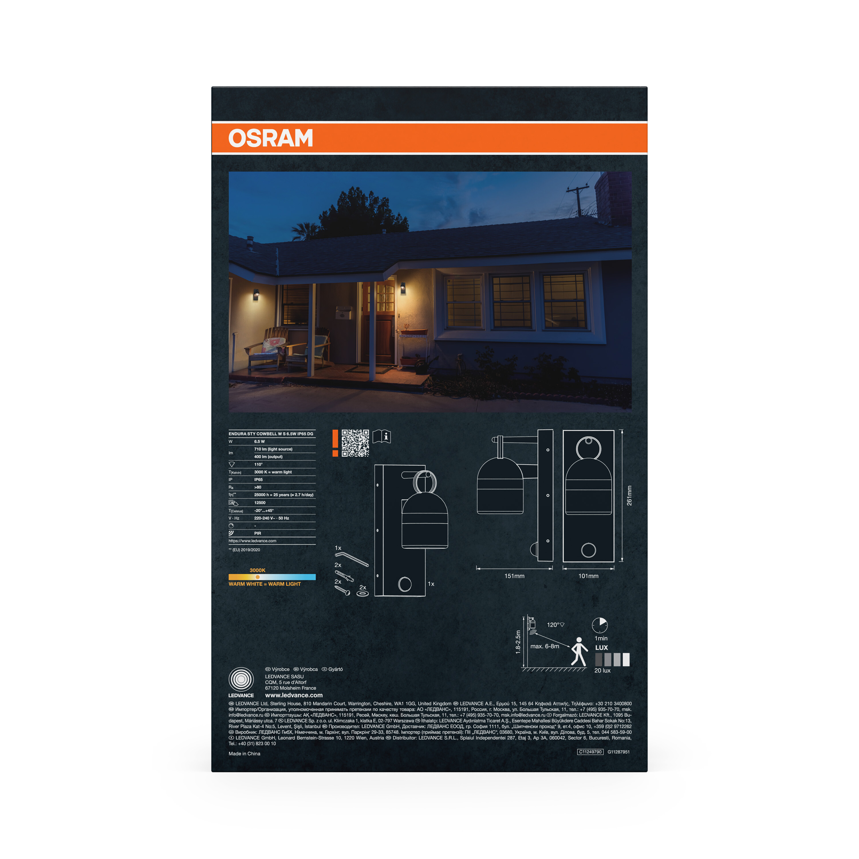 Verpackung der OSRAM LED-Wandleuchte mit Produktbild, technischen Daten und Maßen.