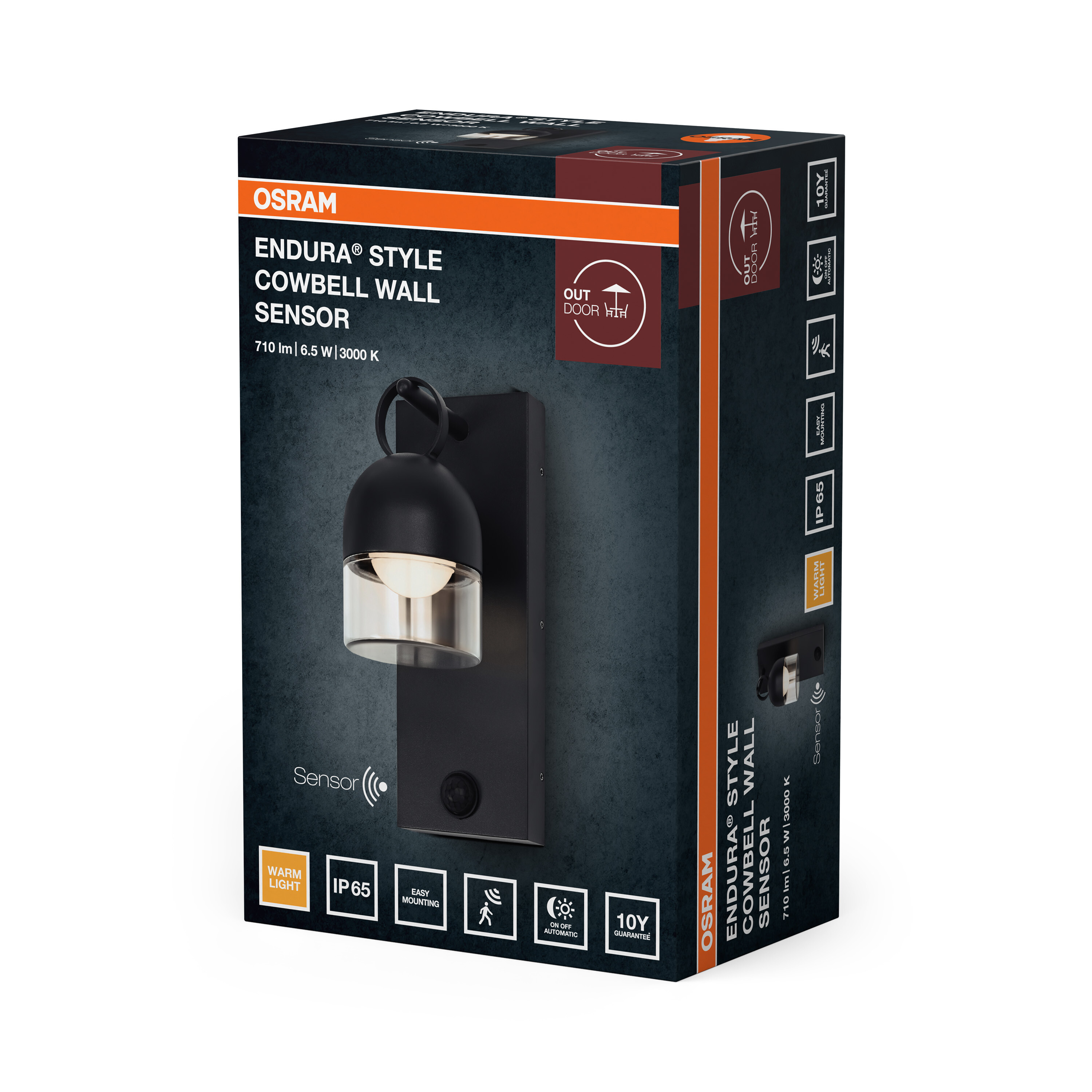 Osram Endura Style Cowbell Wall Sensor Verpackung mit Bild einer schwarzen Wandleuchte mit Sensor.
