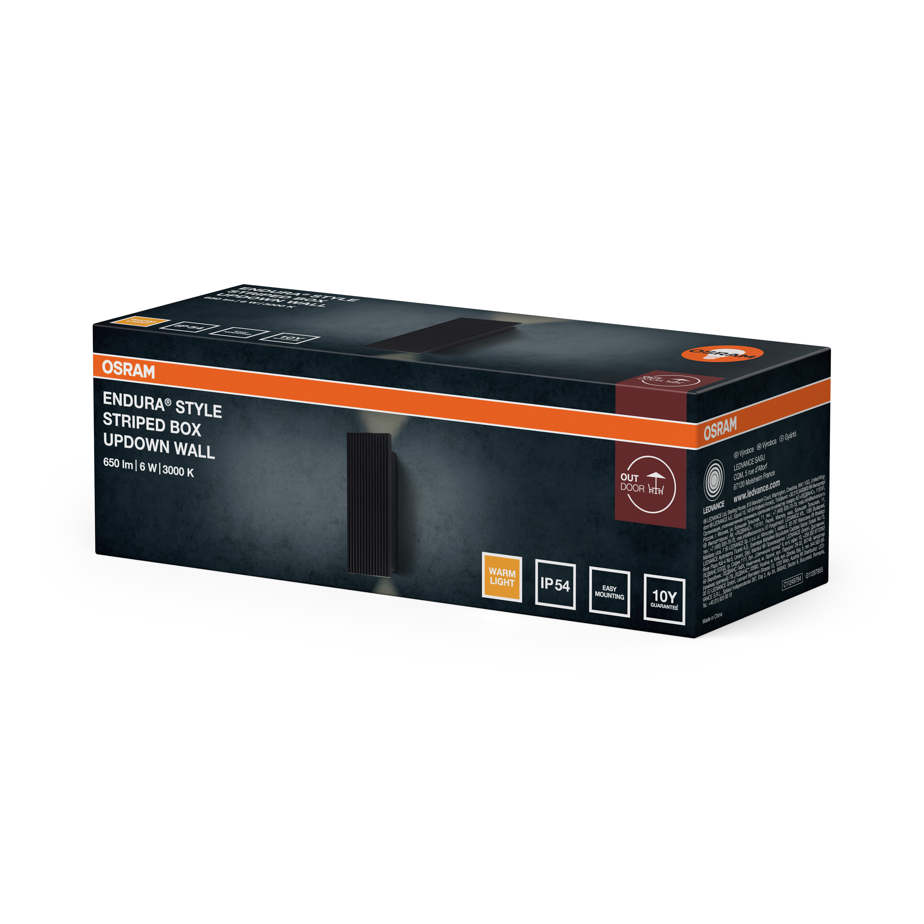 Osram Endura Style Wandleuchtenverpackung mit technischen Details wie IP54 und warmem Licht.