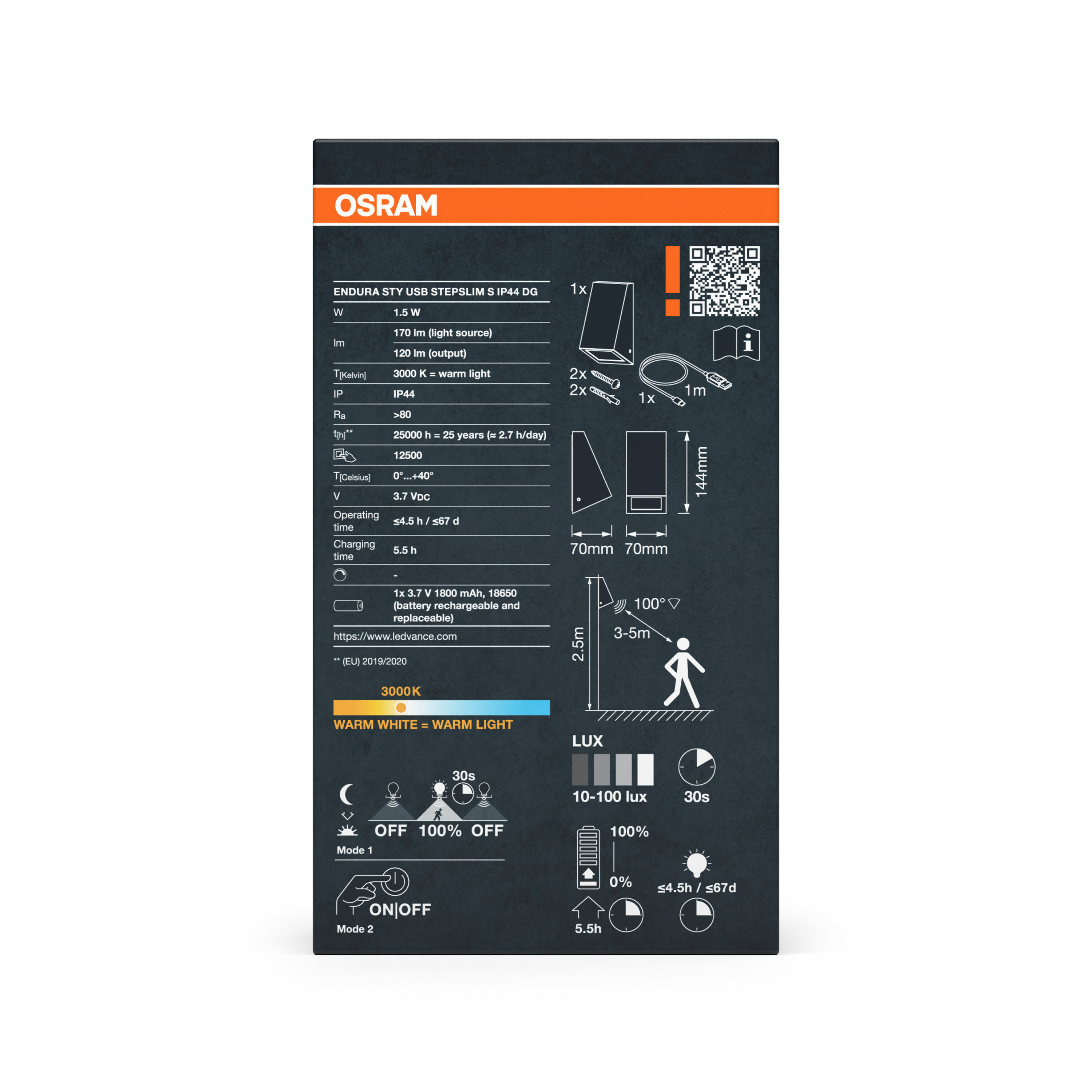 Technische Produktdaten und Abbildungen einer Osram LED-Leuchte auf dunkler Verpackung.