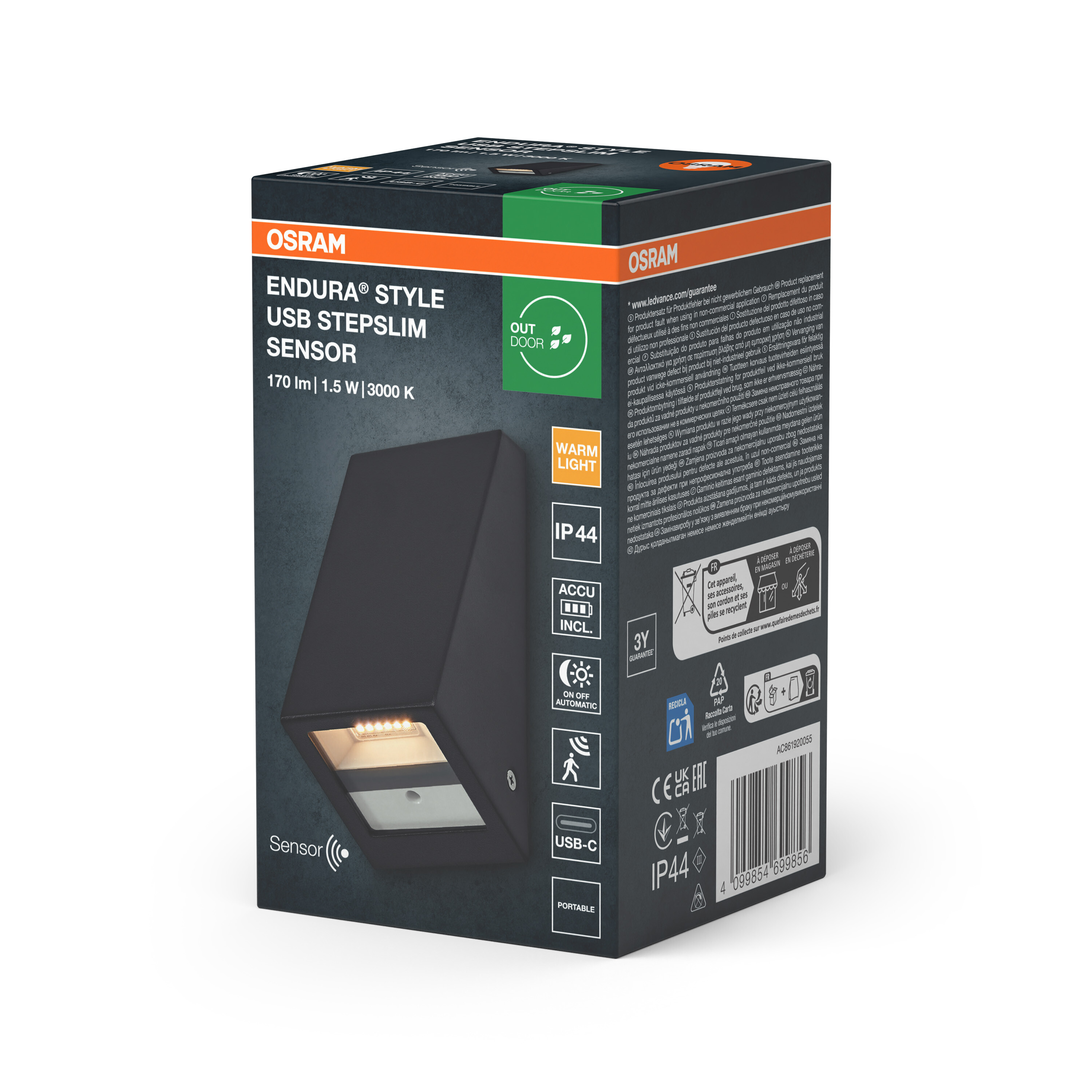 Produktverpackung der OSRAM Endura Style USB Stepslim Sensor Wandleuchte mit technischen Details.
