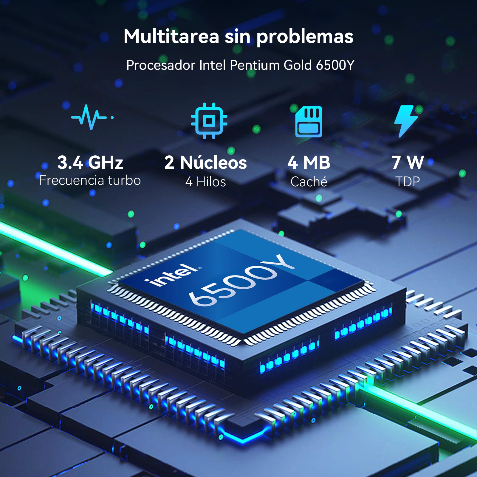 Una CPU Intel Pentium Gold 6500Y en una placa con especificaciones como 3.4 GHz turbo y 2 núcleos.