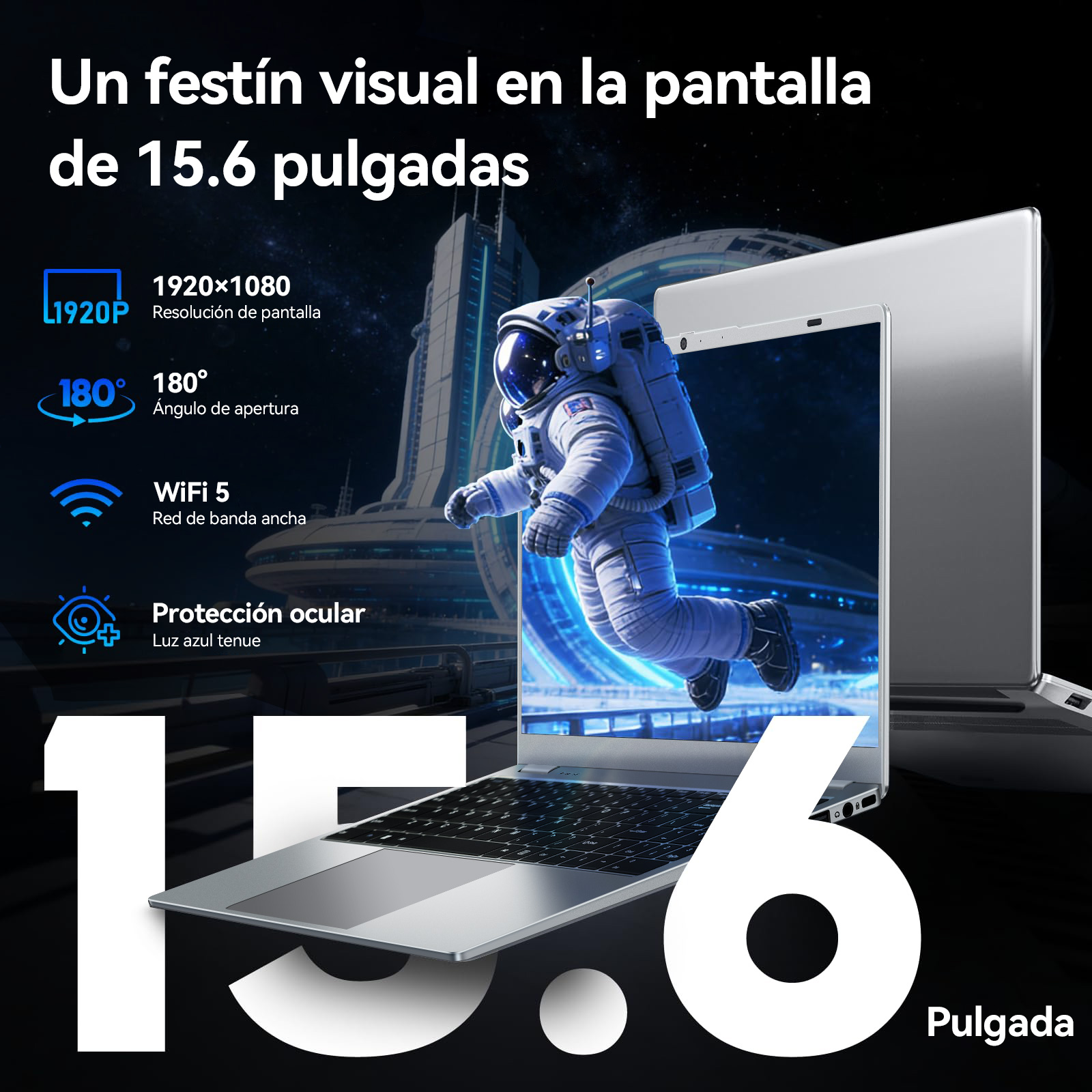 Un astronauta flota fuera de la pantalla de una laptop de 15.6 pulgadas con una ciudad espacial de fondo.