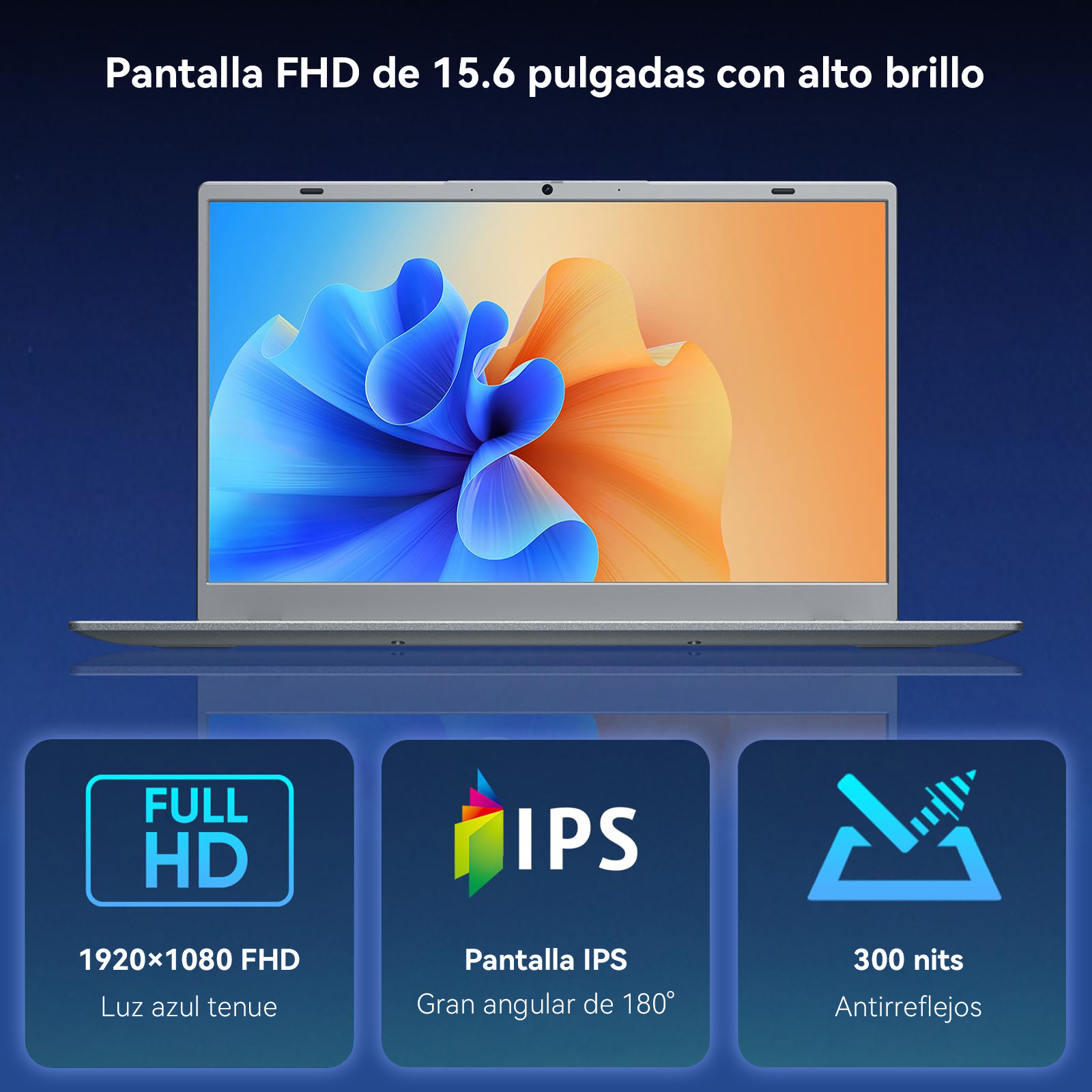 Portátil con pantalla FHD de 15,6 pulgadas, panel IPS, resolución Full HD y 300 nits de brillo sobre fondo azul.