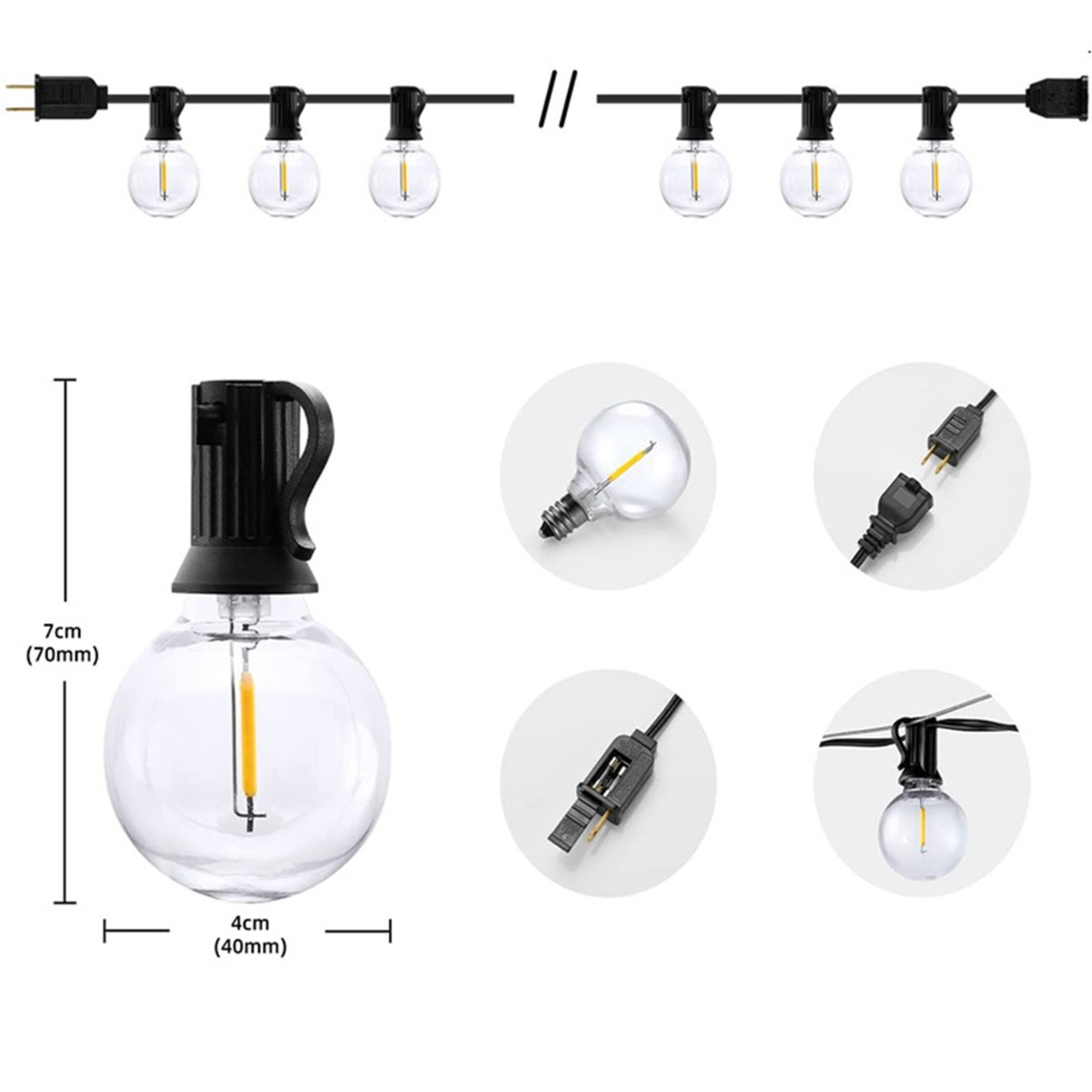 Diagramm einer LED-Lichterkette mit Maßangaben und Details zu Steckern und Birnen.