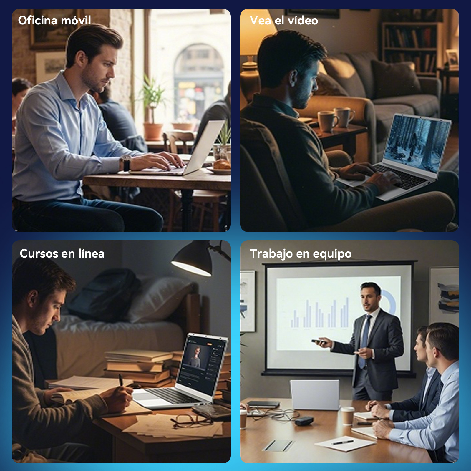 Cuatro paneles que muestran personas usando portátiles para trabajo móvil, vídeos, cursos y trabajo en equipo.