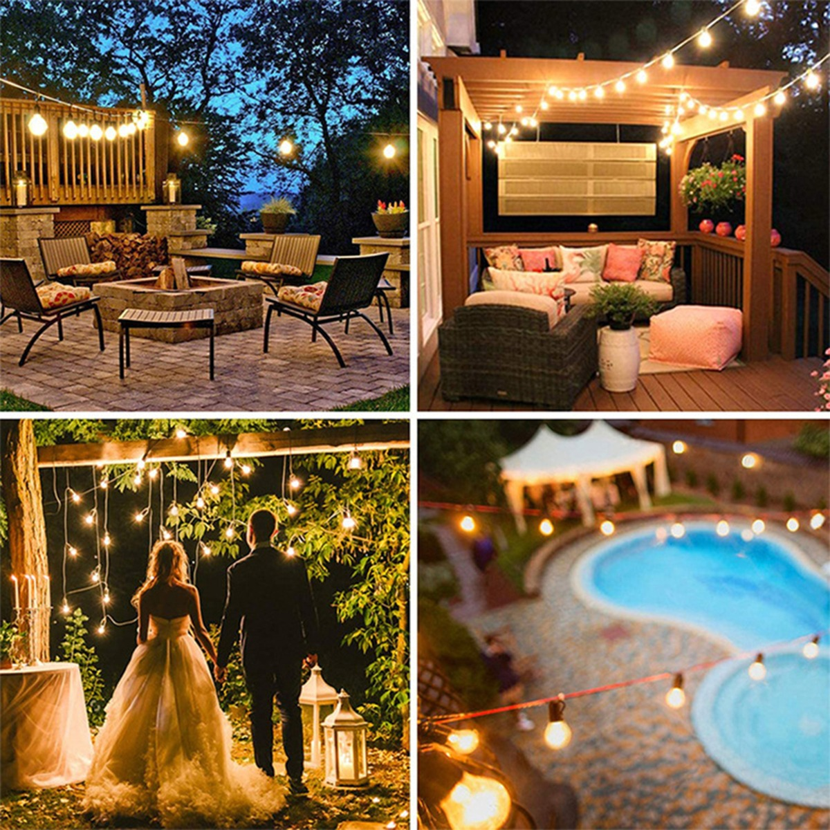 Vier Außenbereiche mit Lichterketten: eine Feuerstelle, eine möblierte Terrasse, ein Brautpaar und ein beleuchteter Pool.