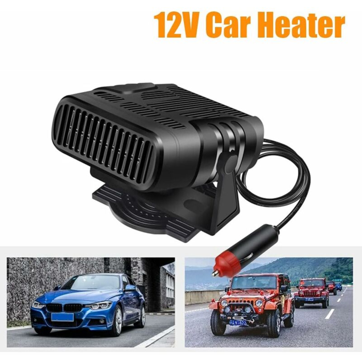 Ein schwarzer 12V-Autuheizer mit Ladekabel zeigt darunter Autos.