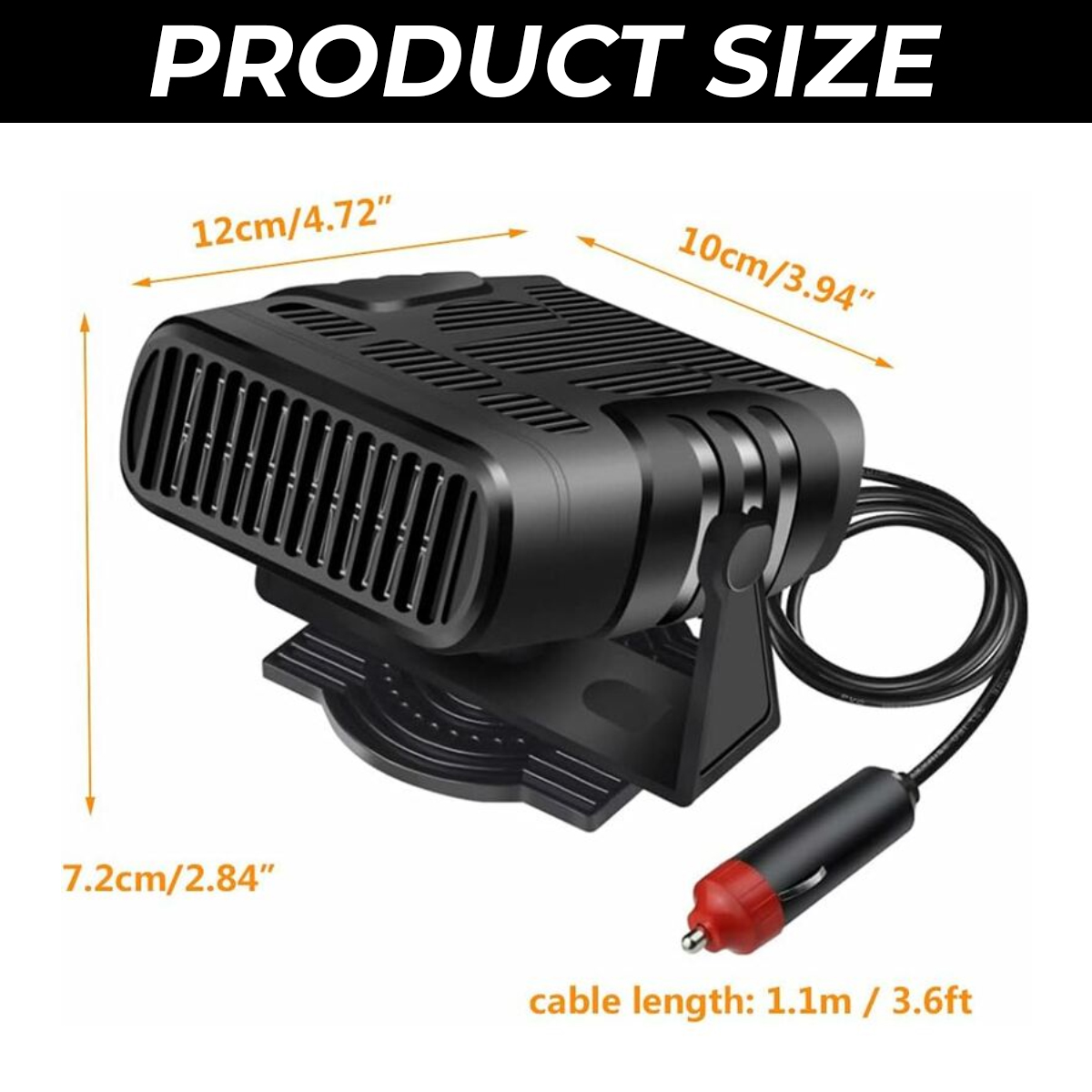Schwarze Autoheizung mit Abmessungen von 12x10x7,2 cm und 1,1m langem Kabel.
