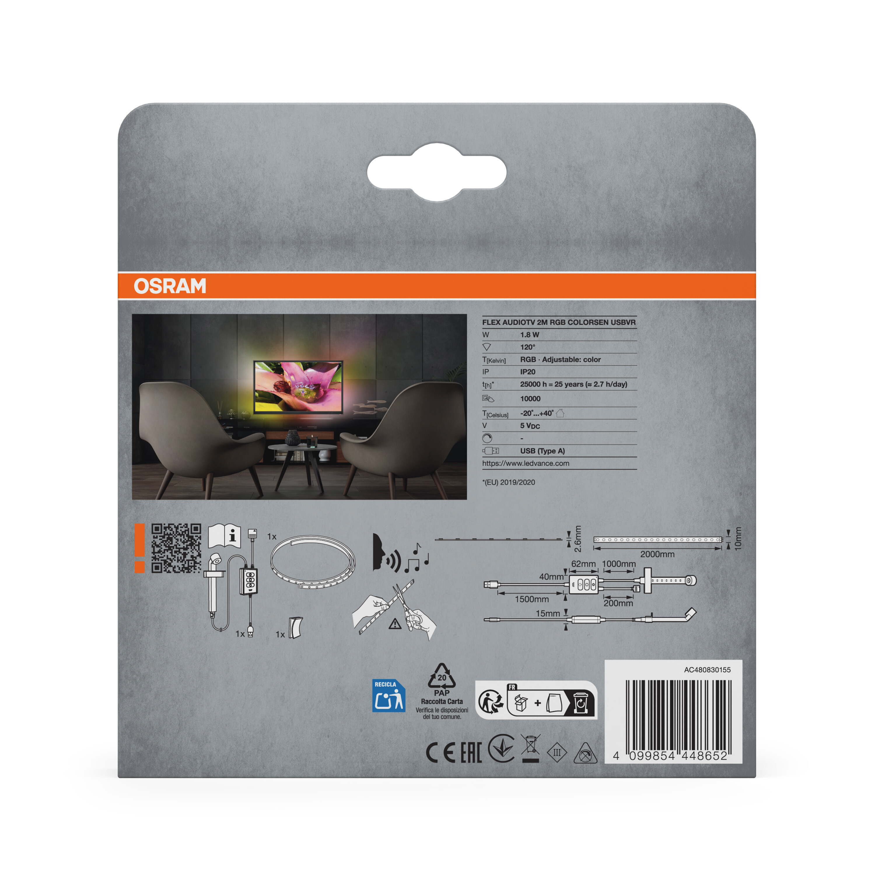 Rückseite einer Osram LED-Streifen-Verpackung mit Produktdaten, Bildern, Anleitungen und Barcode.