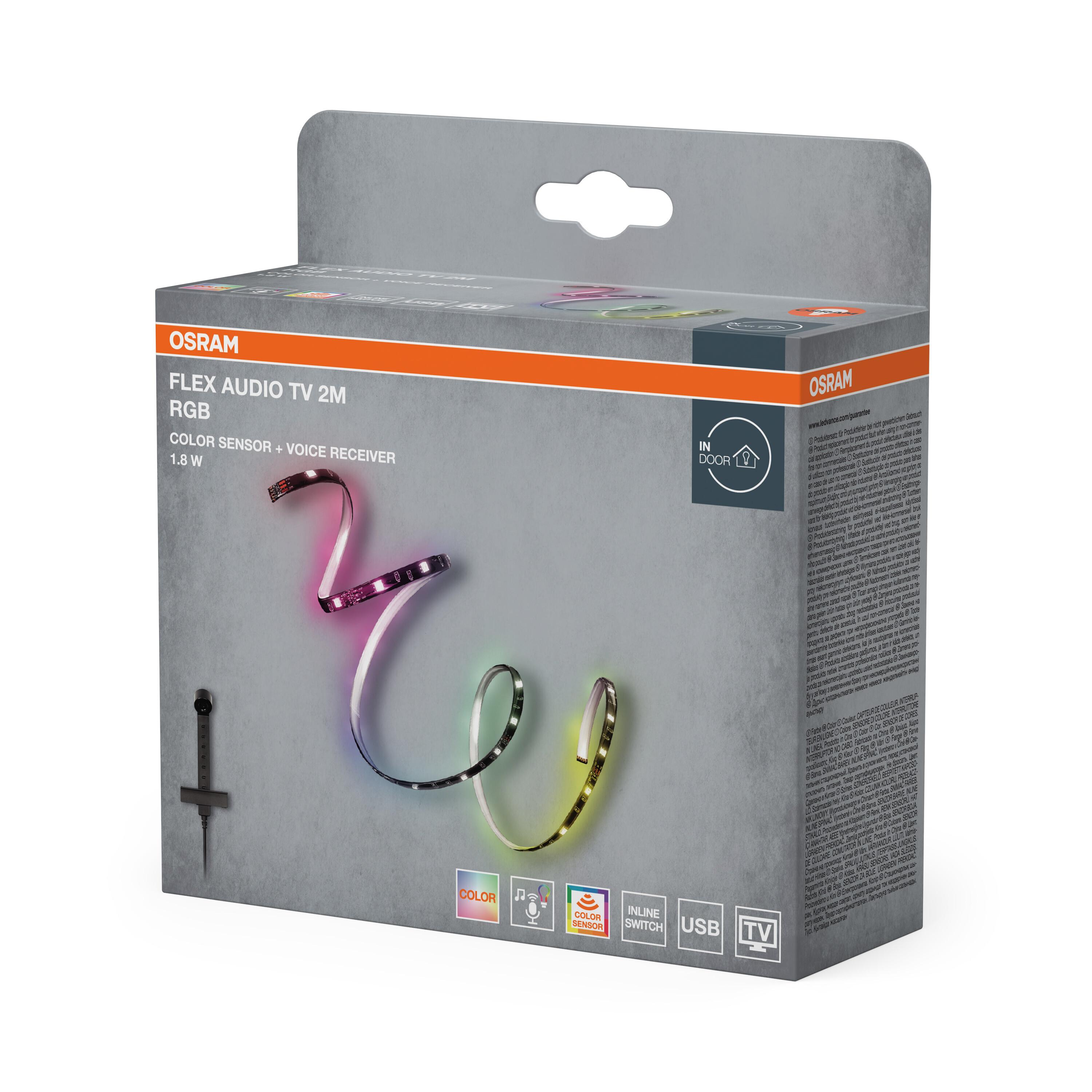 OSRAM Flex Audio TV 2M RGB Verpackung mit farbigem LED-Streifen und Symbolen.