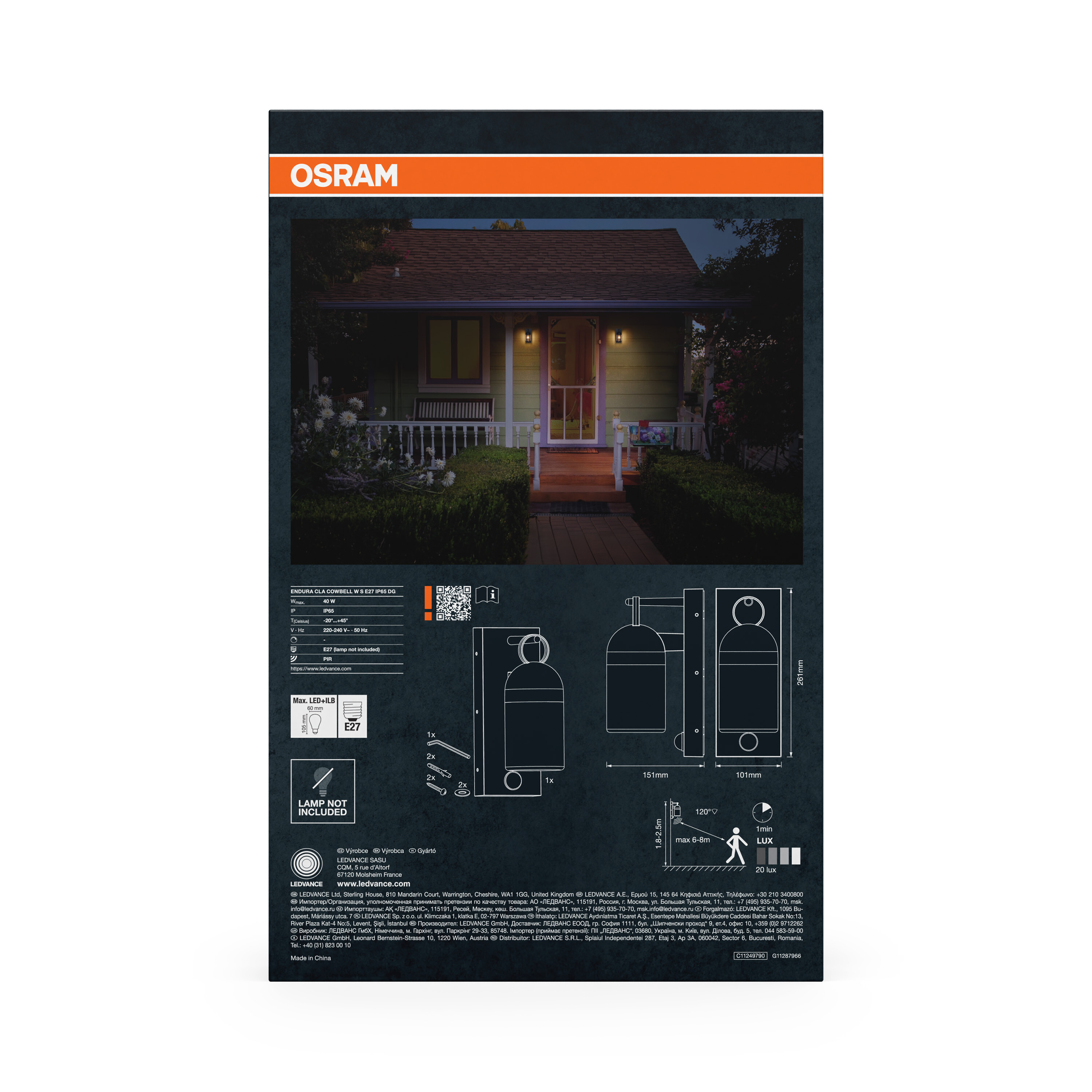 Verpackung der OSRAM Endura CLA Cowbell Wandleuchte mit technischen Daten und Produktabbildungen.