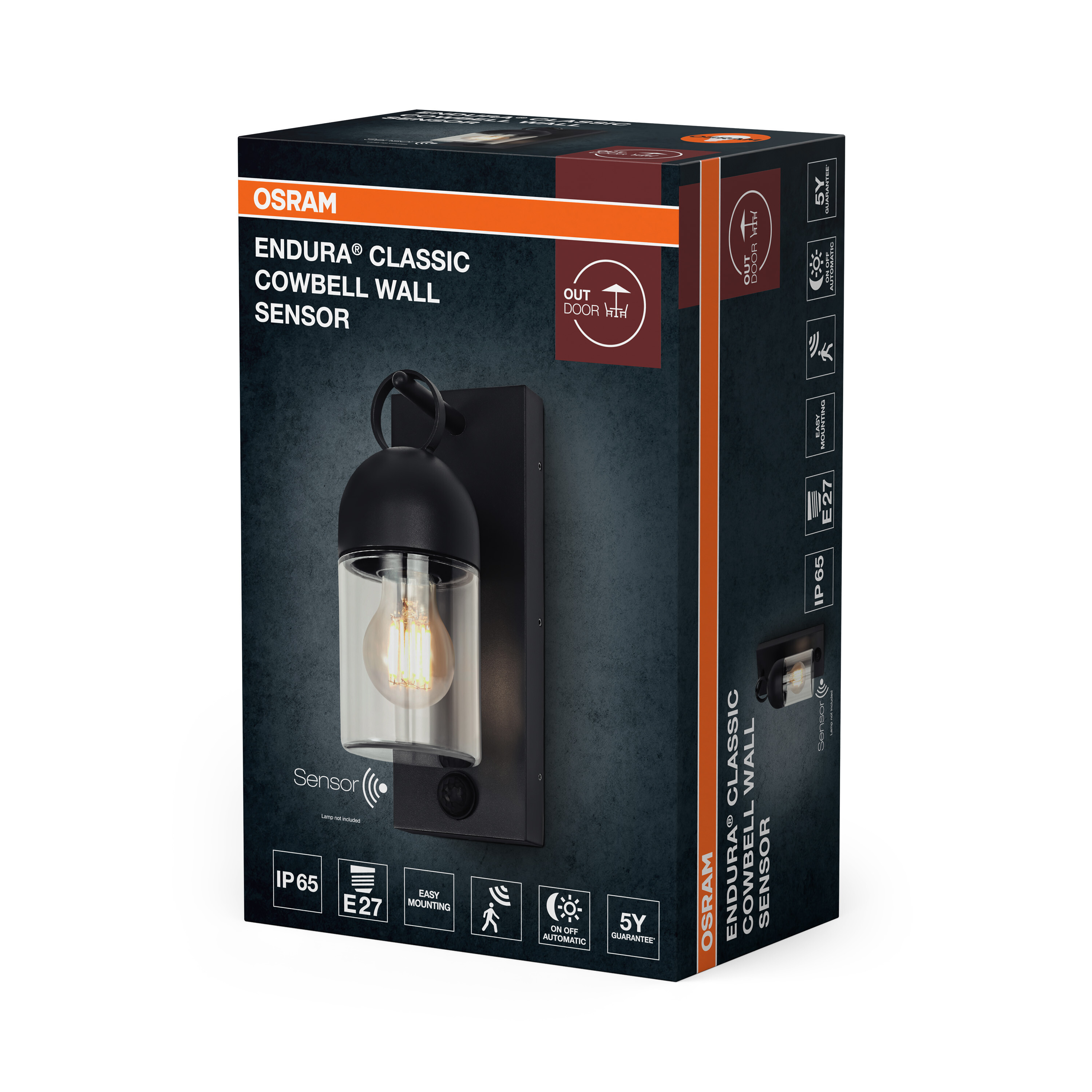 Verpackung der Osram Endura Classic Cowbell Wall Sensor Außenwandleuchte in Schwarz mit Glaszylinder und Sensor.