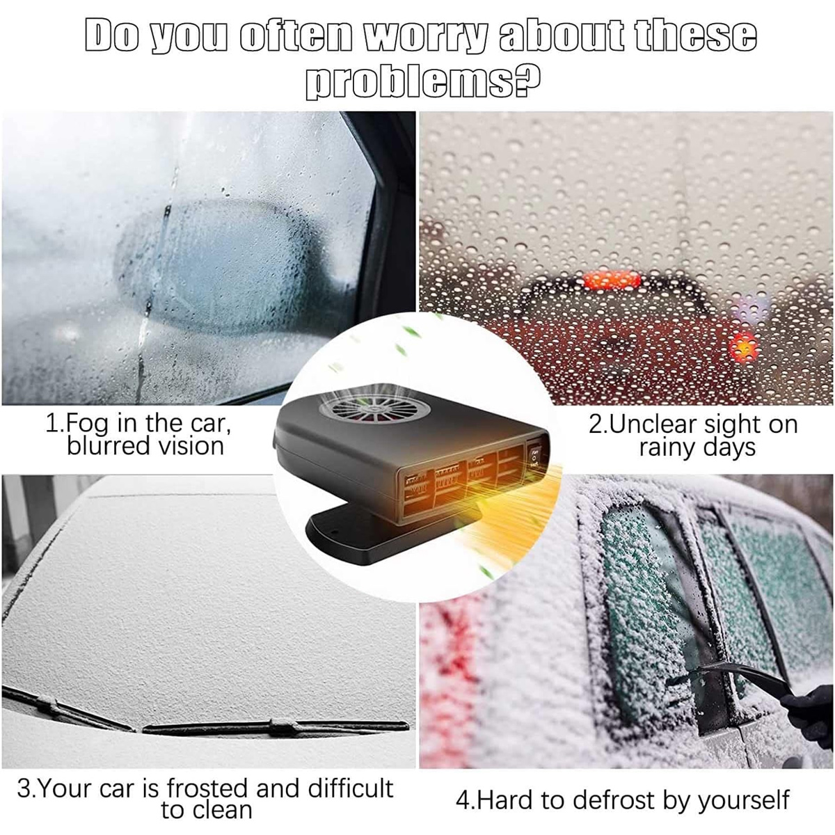 Collage zeigt Auto-Probleme wie beschlagene Fenster, Regen, Schnee und ein tragbares Heizgerät in der Mitte.