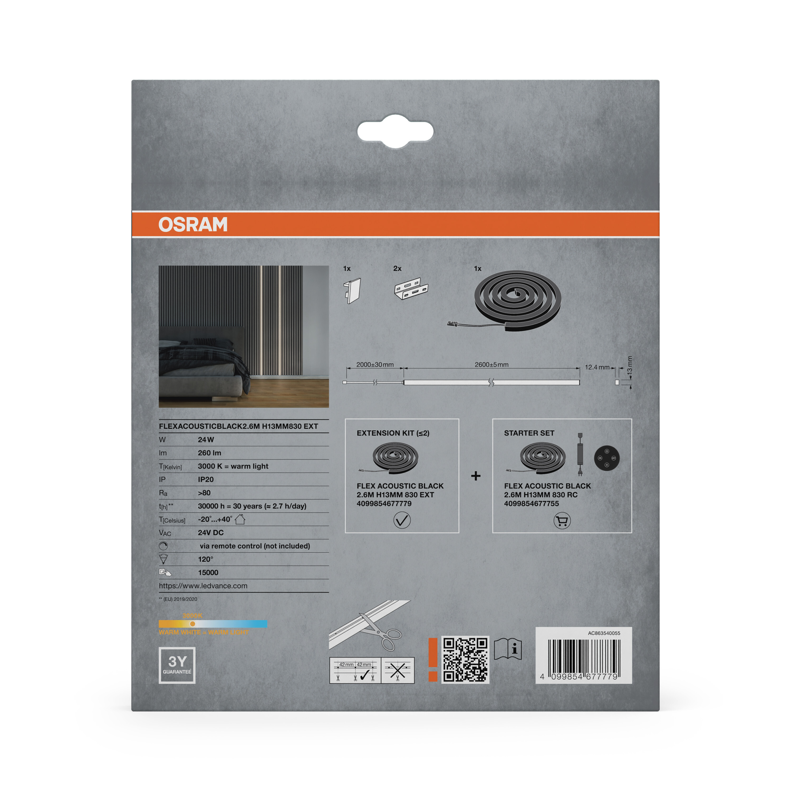 Rückseite einer Osram LED-Streifen-Verpackung mit technischen Daten, Inhalt und Installationsanleitung.